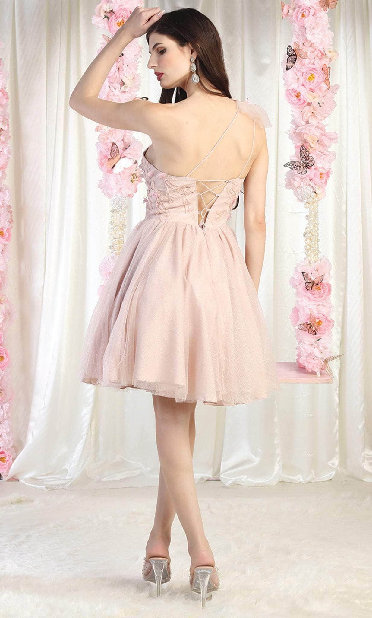 Blush One-Shoulder Short Tulle Cocktail Floral Dress May Queen MQ1952