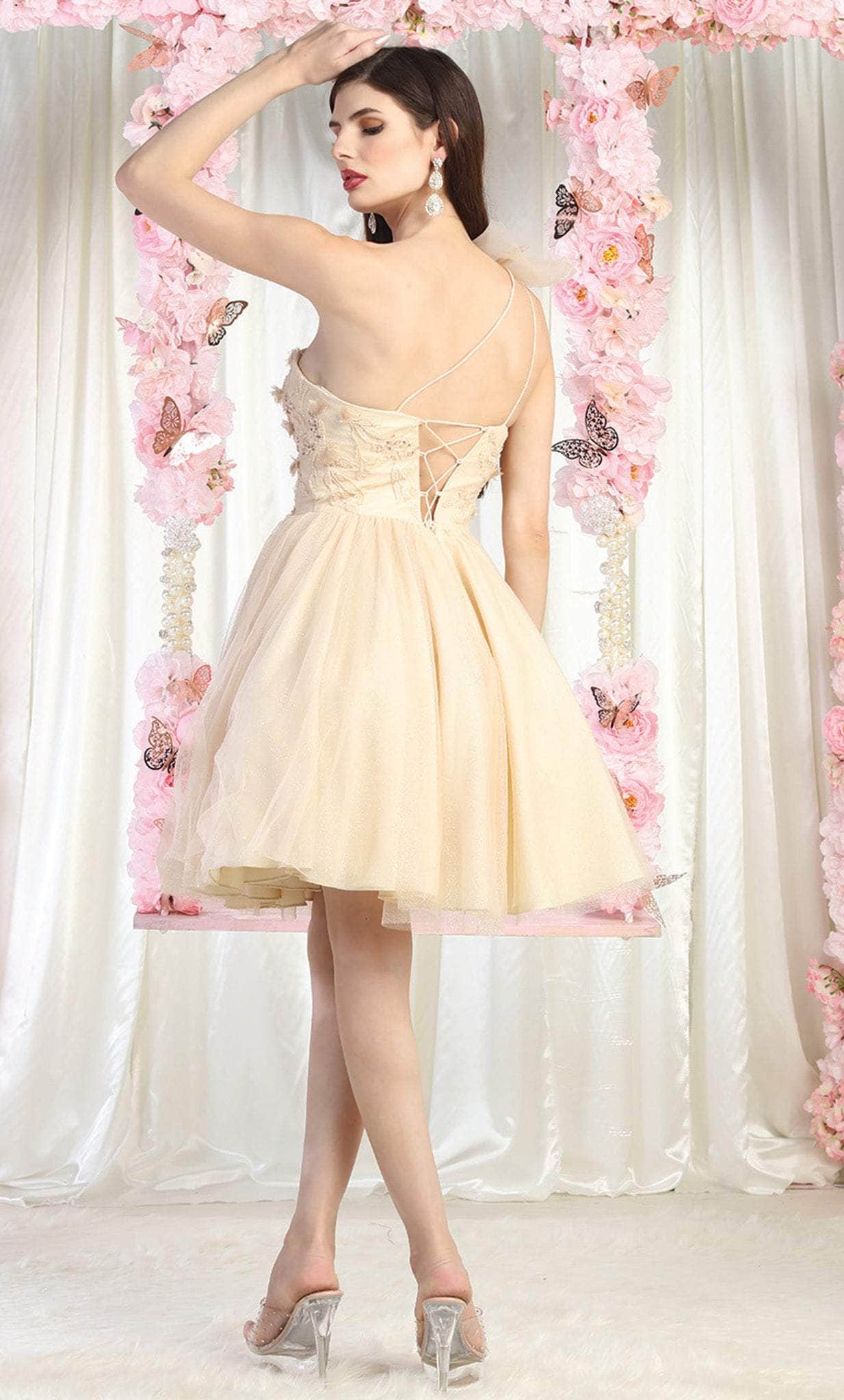 Champagne One-Shoulder Short Tulle Cocktail Floral Dress May Queen MQ1952