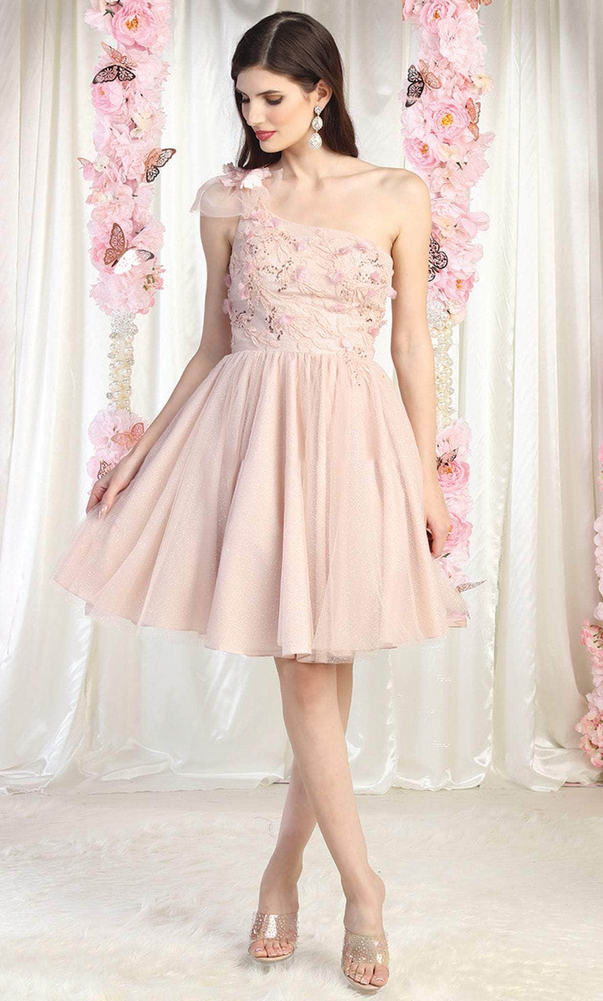 Blush One-Shoulder Short Tulle Cocktail Floral Dress May Queen MQ1952