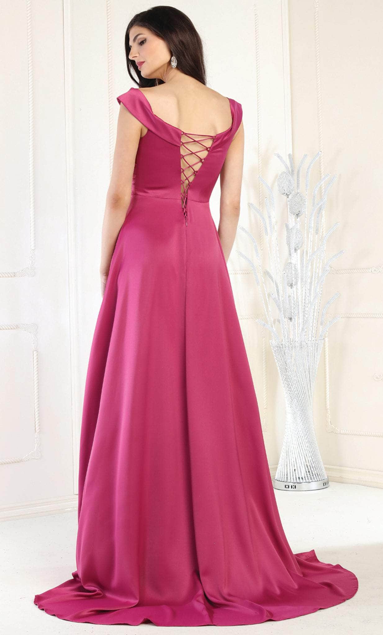 Fuchsia Off-the-Shoulder Floor-Length Chiffon Formal High Slit Gown May Queen MQ1960