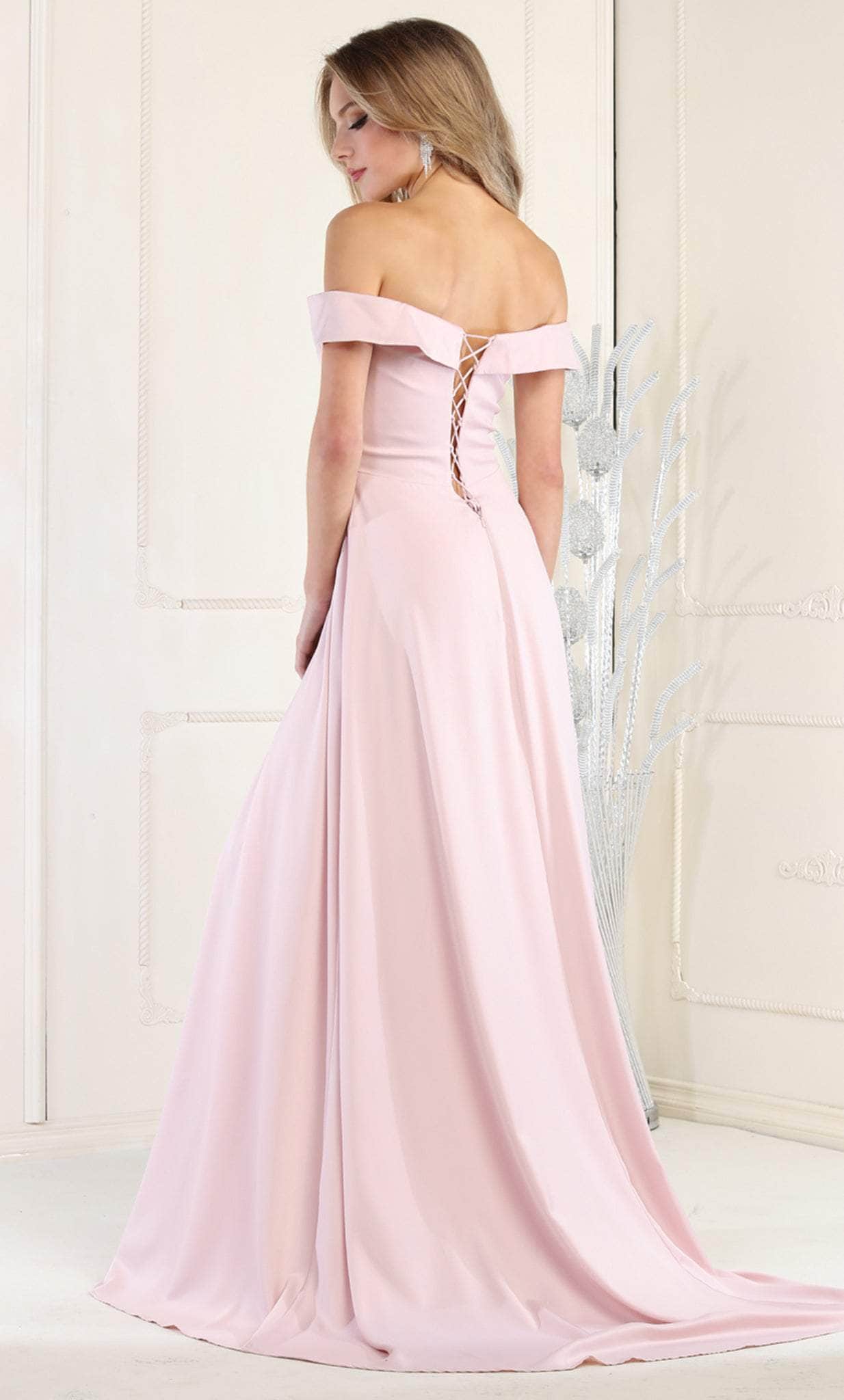 Blush Off-the-Shoulder Floor-Length Chiffon Formal High Slit Gown May Queen MQ1960