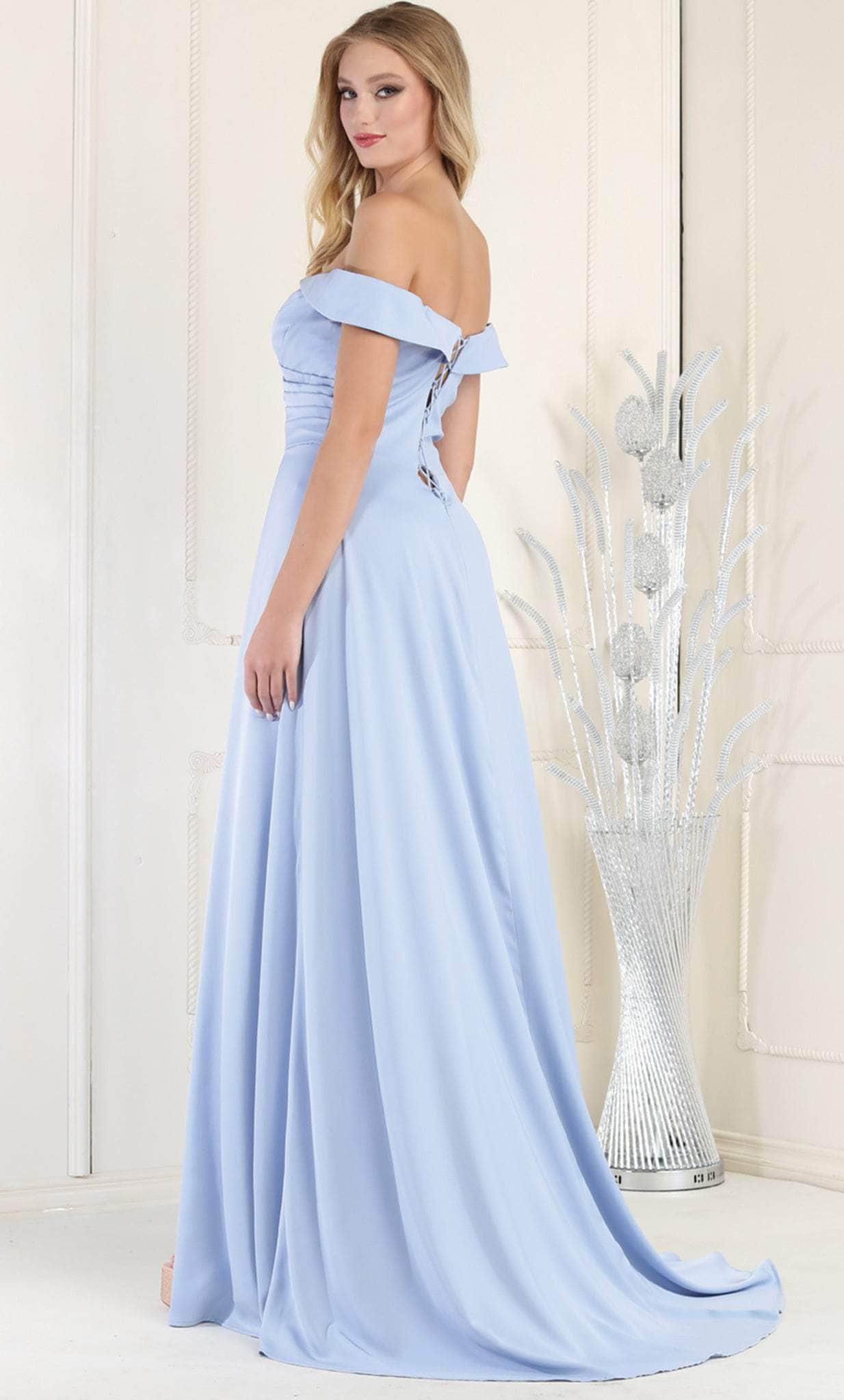 Dusty Blue Off-the-Shoulder Floor-Length Chiffon Formal High Slit Gown May Queen MQ1960