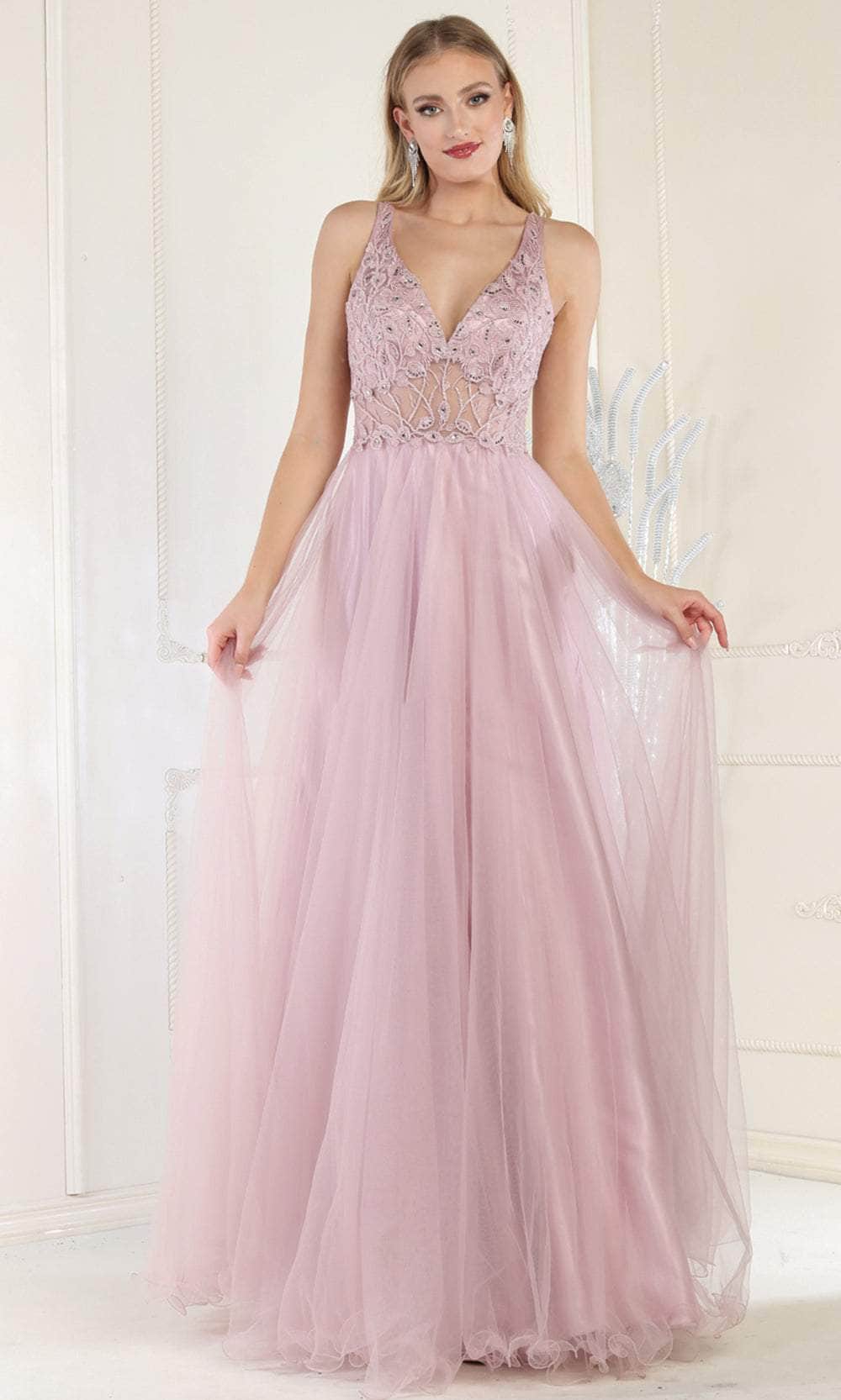 V-Neck Floor-Length Tulle Evening A-Line May Queen 1971