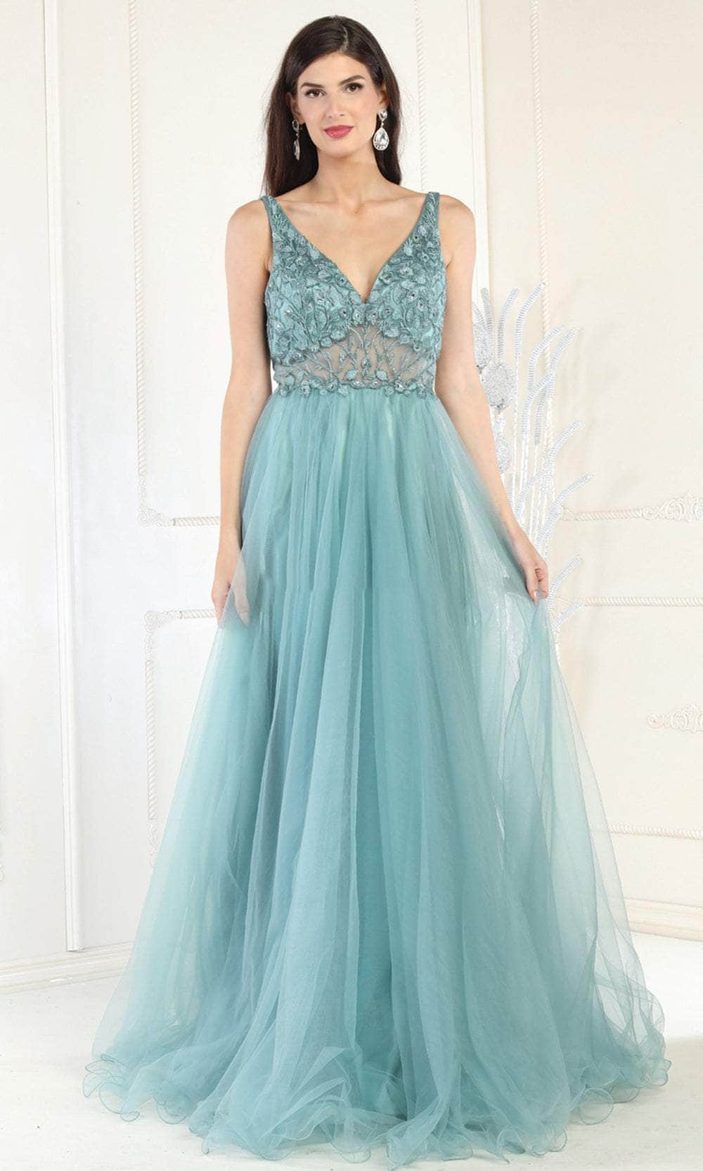 V-Neck Floor-Length Tulle Evening A-Line May Queen 1971