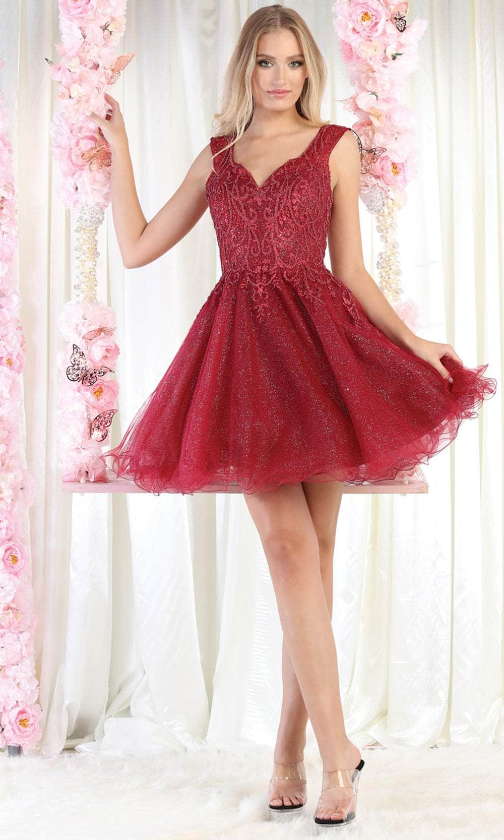 Burgundy V-Neck Short Glitter Tulle Cocktail Dress Lace Applique May Queen MQ1984