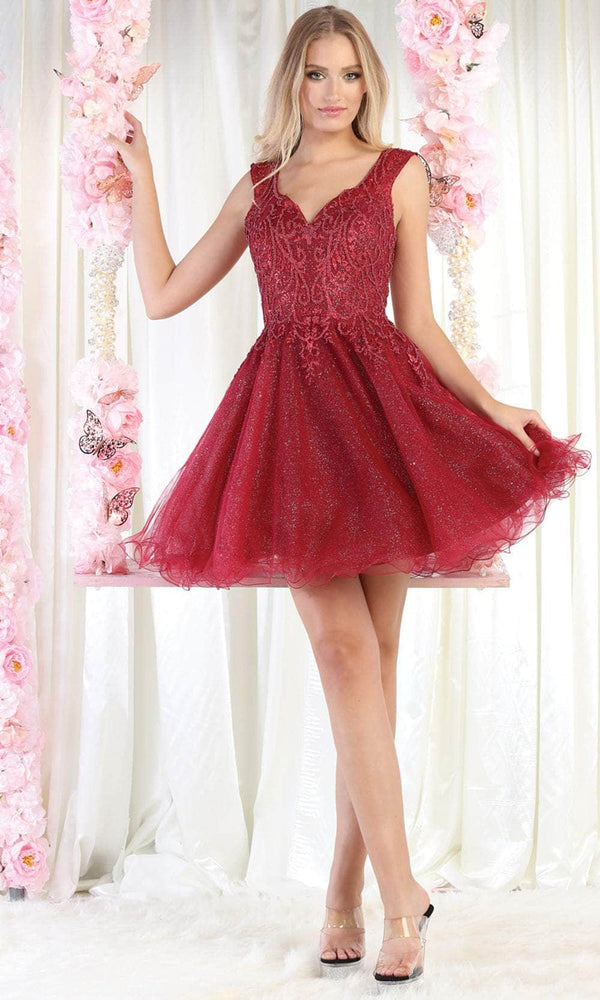 V-Neck Short Glitter Tulle Cocktail Dress Lace Applique May Queen MQ1984