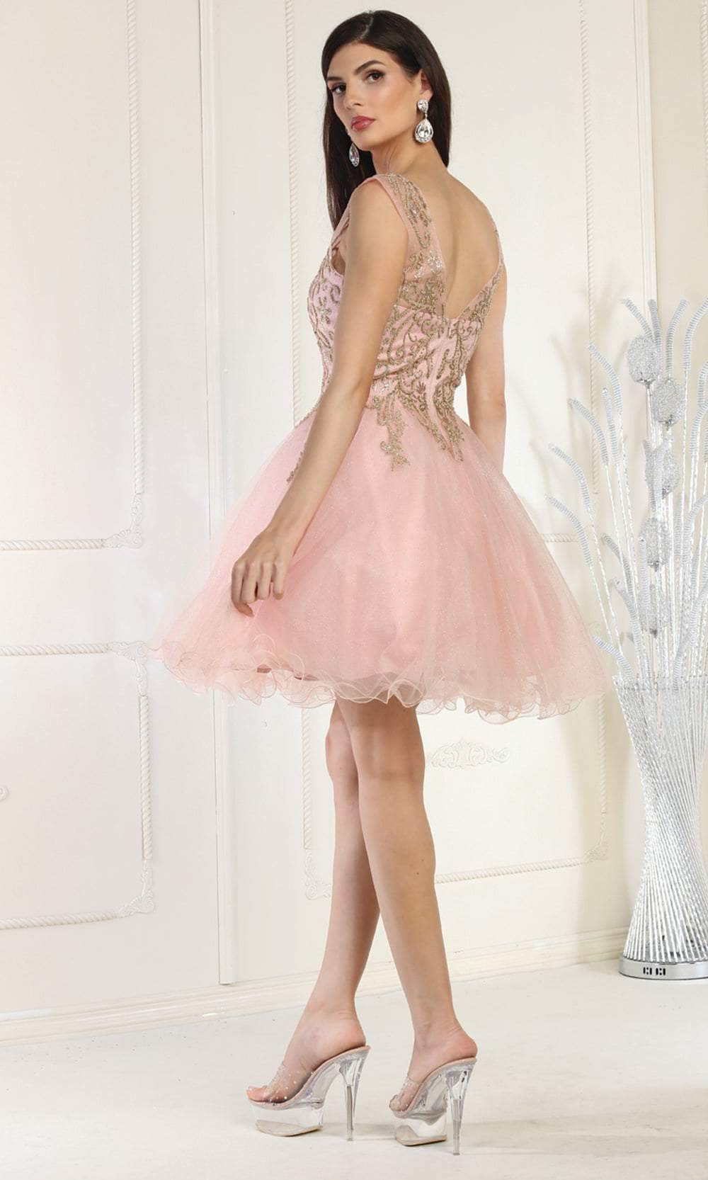 Blush/Gold V-Neck Short Glitter Tulle Cocktail Dress Lace Applique May Queen MQ1984