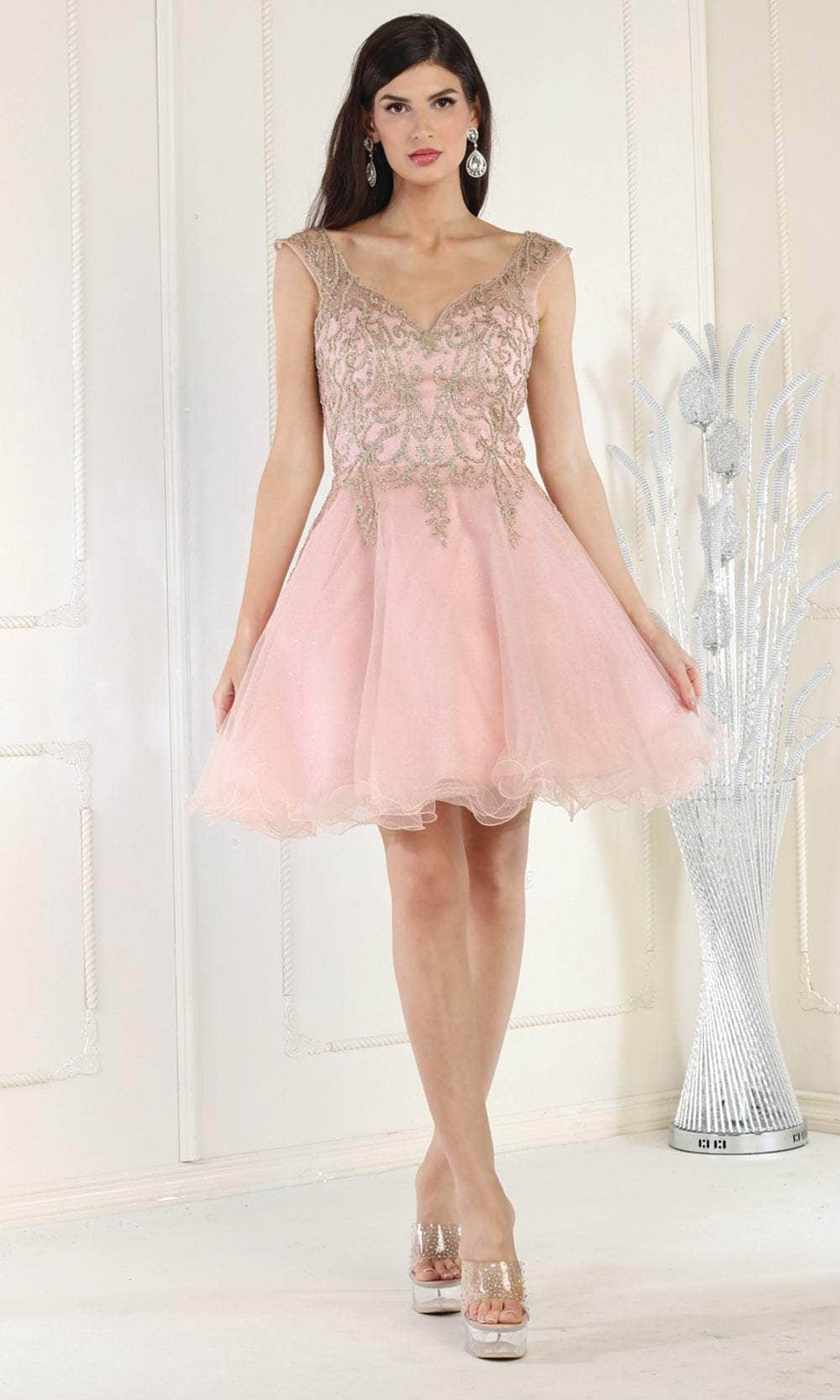 Blush/Gold V-Neck Short Glitter Tulle Cocktail Dress Lace Applique May Queen MQ1984
