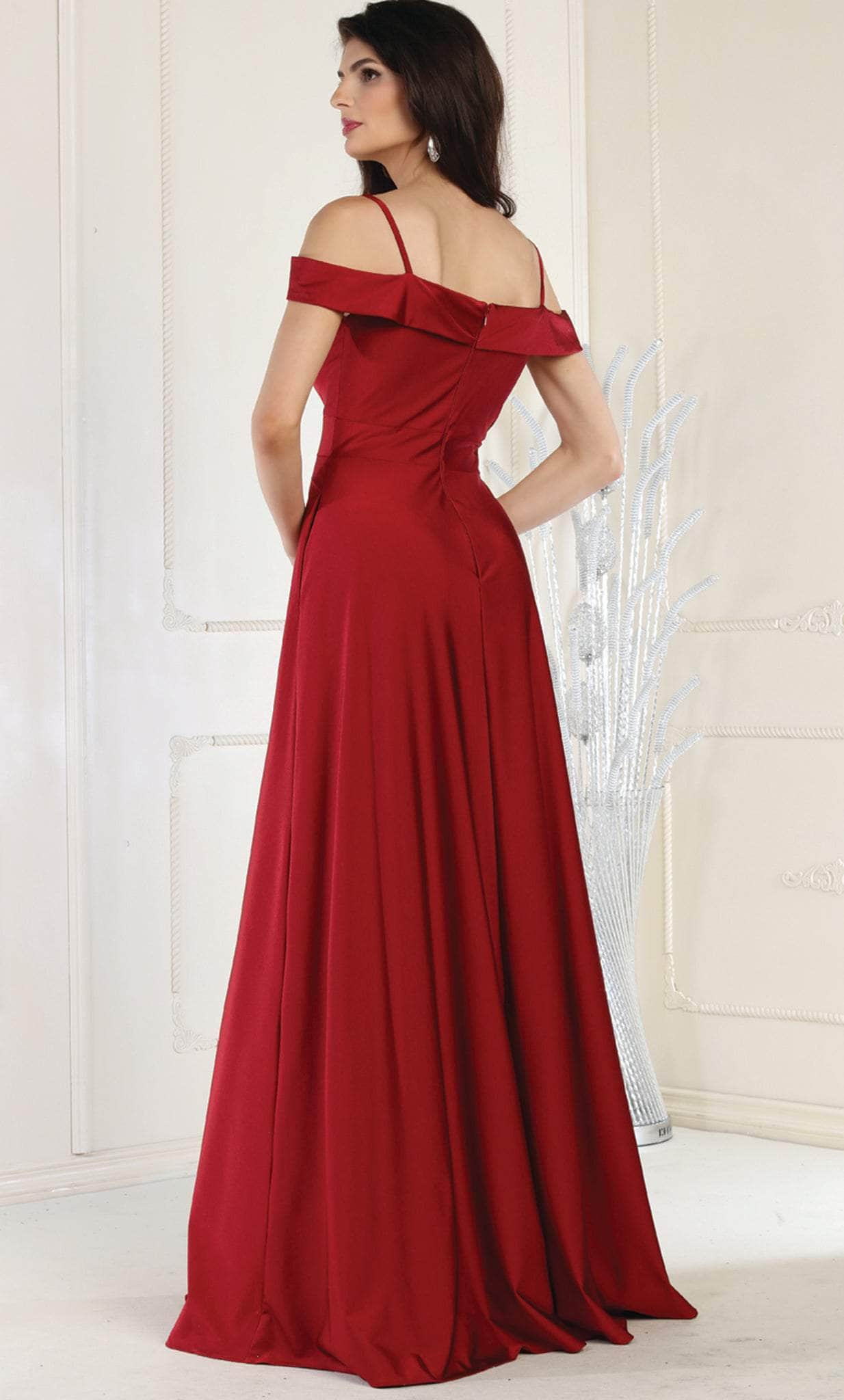 Burgundy V-Neck Floor-Length Satin Formal Off Shoulder Gown May Queen MQ1988