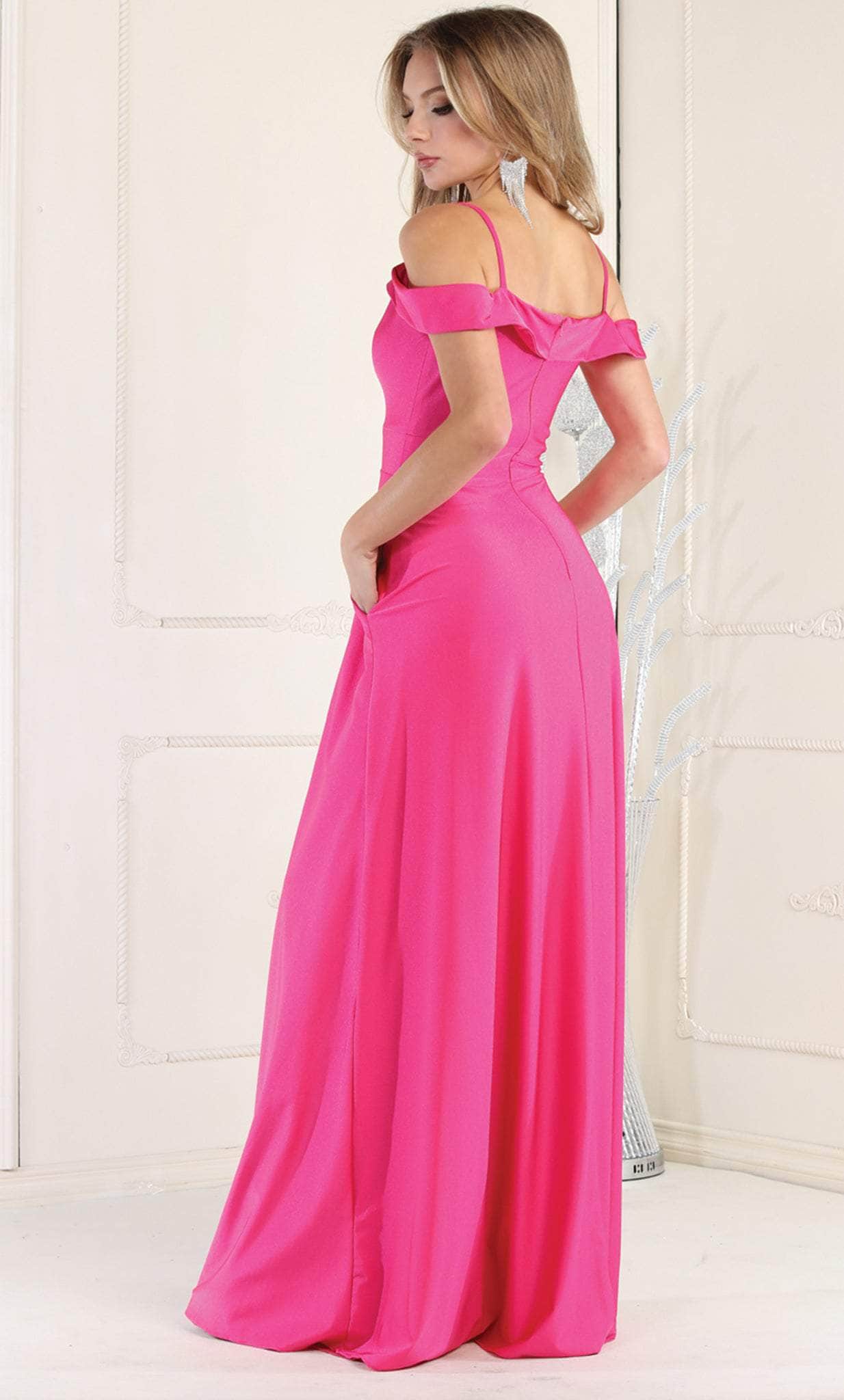 Fuchsia V-Neck Floor-Length Satin Formal Off Shoulder Gown May Queen MQ1988