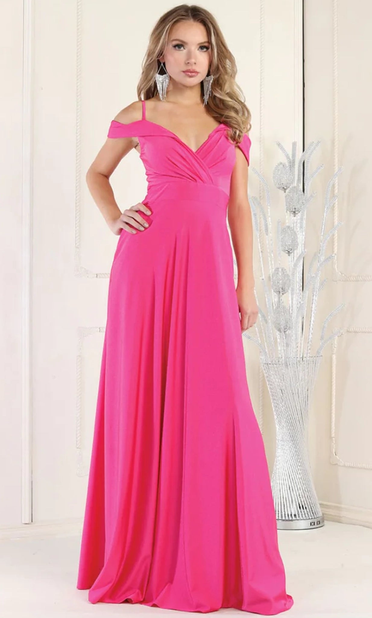 Dusty Blue V-Neck Floor-Length Satin Formal Off Shoulder Gown May Queen MQ1988