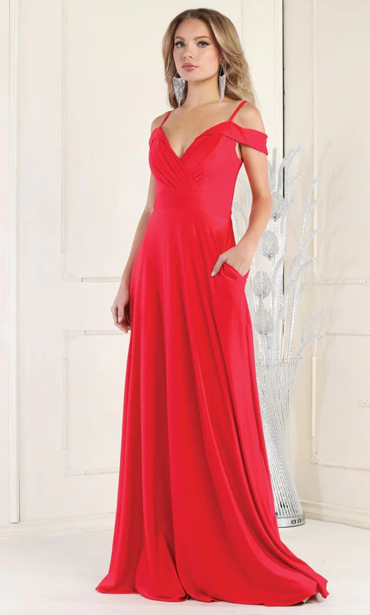 Red V-Neck Floor-Length Satin Formal Off Shoulder Gown May Queen MQ1988