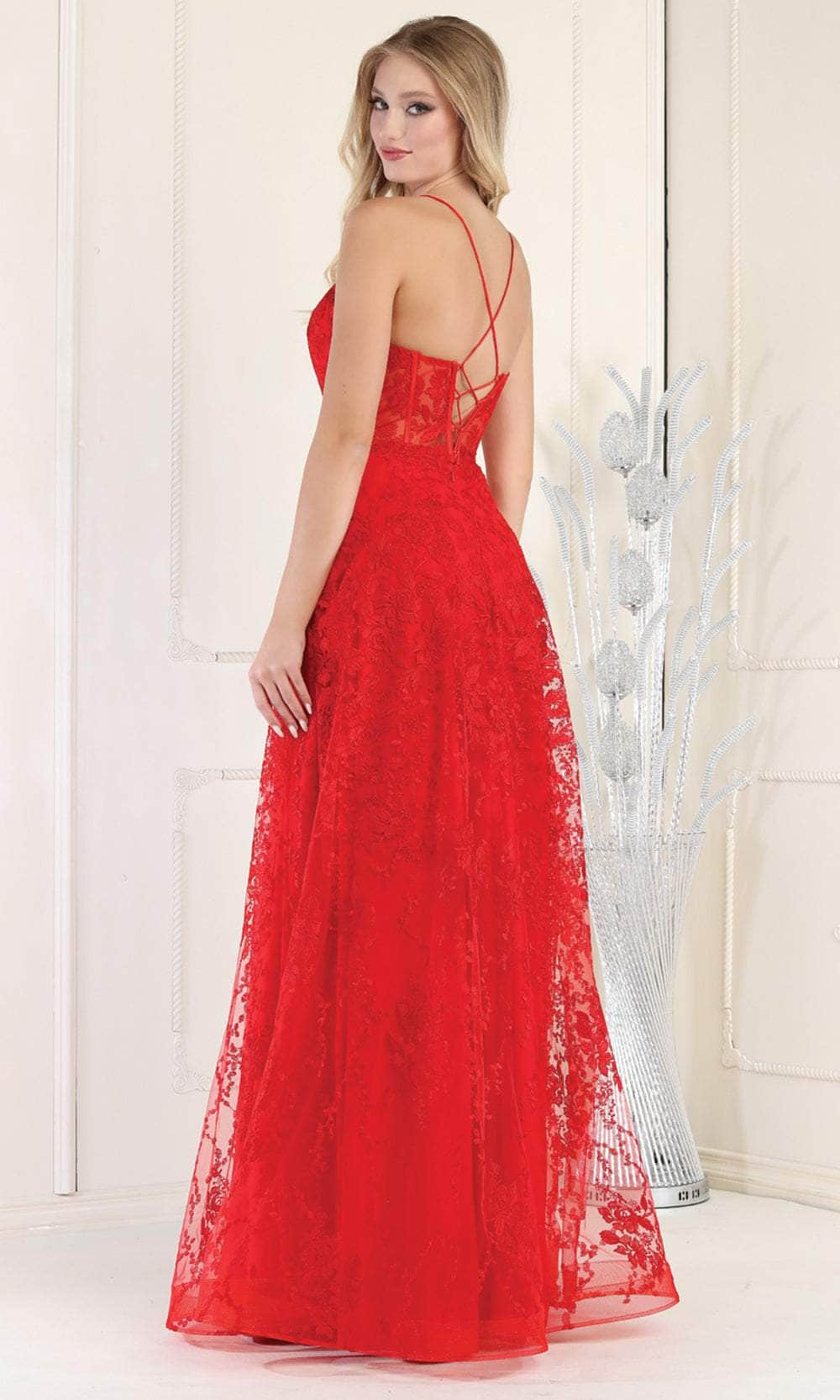 V-Neck Floor-Length Lace Prom A-Line May Queen 1996
