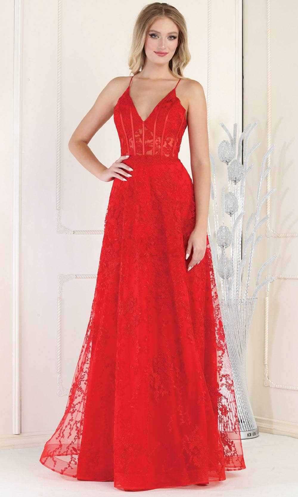 V-Neck Floor-Length Lace Prom A-Line May Queen 1996