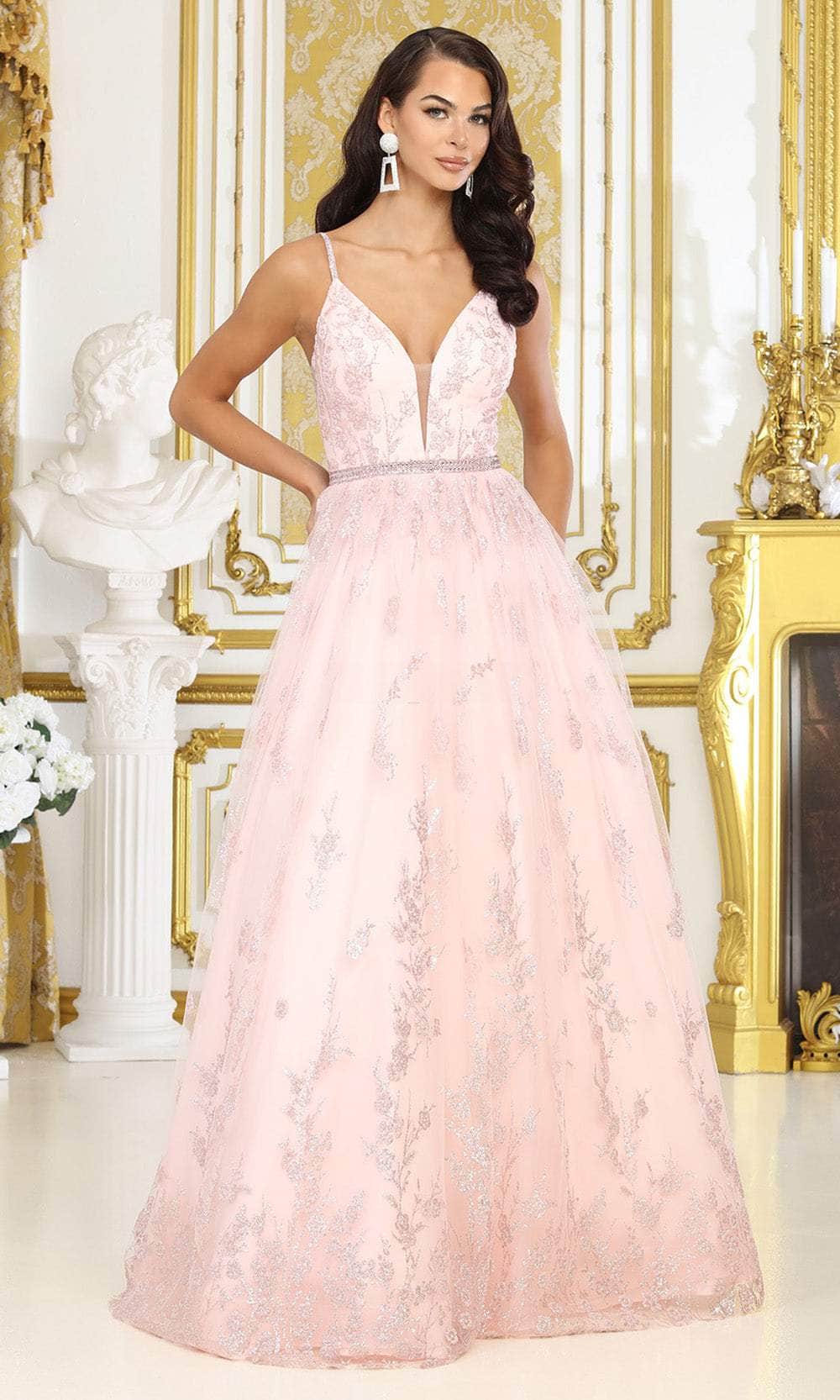 V-Neck Floor-Length Tulle Prom A-Line May Queen MQ2045 - Blush / 6
