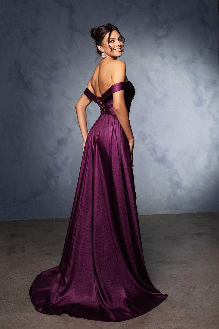 Off-the-Shoulder Floor-Length with Train Satin Prom A-Line May Queen 2056