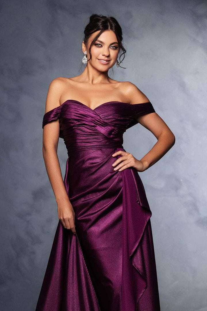Off-the-Shoulder Floor-Length with Train Satin Prom A-Line May Queen 2056