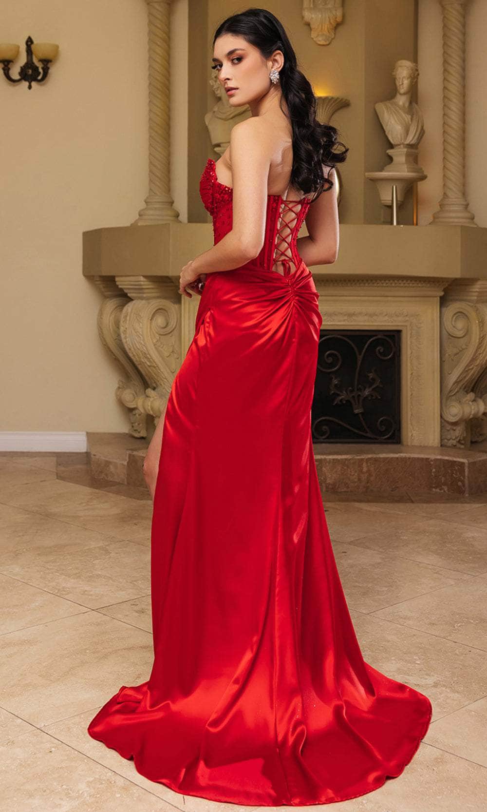 Red Strapless Floor-Length Satin Prom Corest Dress May Queen MQ2109
