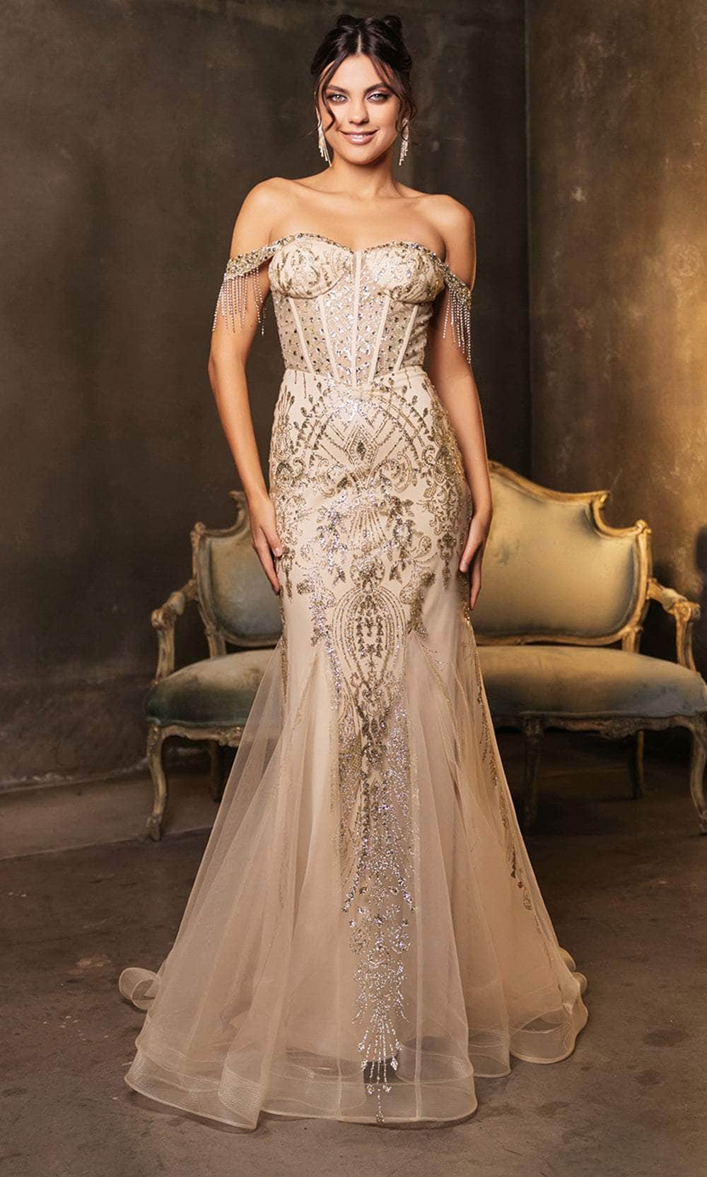 Off-the-Shoulder Floor-Length Mesh Prom Corest Dress May Queen MQ2136