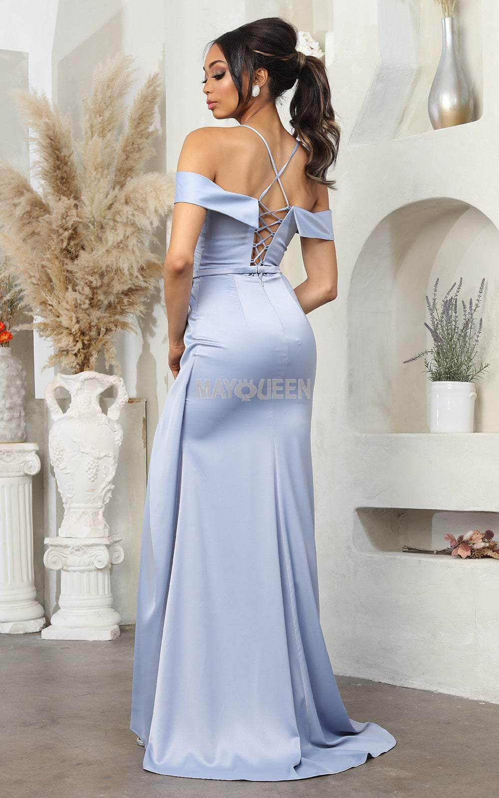 Off-the-Shoulder Floor-Length Satin Prom Sheath Column May Queen RQ7990