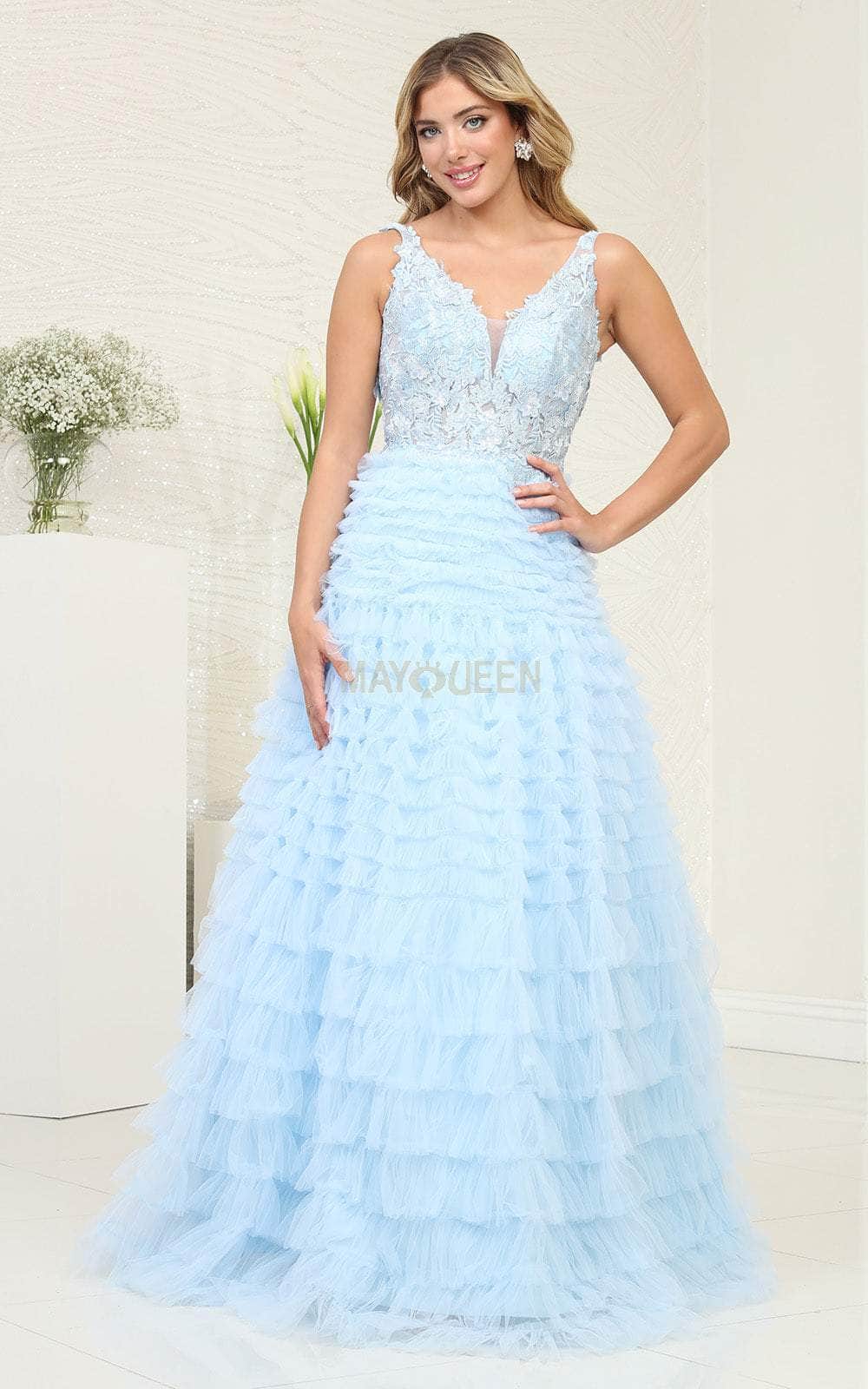 Baby Blue V-Neck Floor-Length Tulle Formal Dress Ruffle May Queen RQ8123