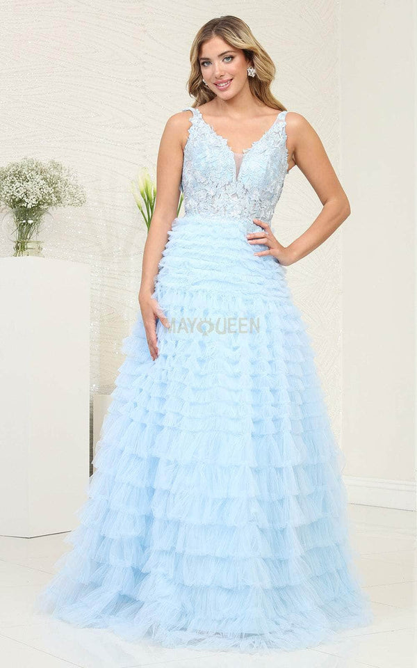 V-Neck Floor-Length Tulle Formal Dress Ruffle May Queen RQ8123