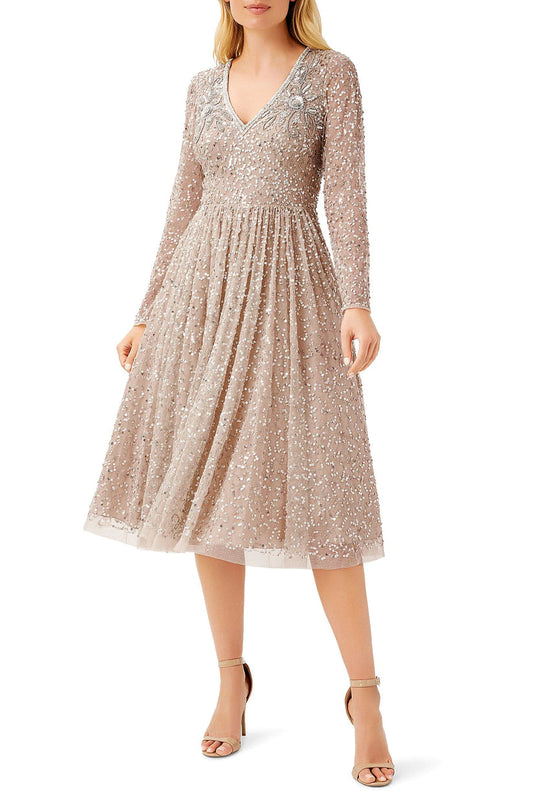 Mother of the Bride Dresses Short Mother of the BrideLong Sleeve Midi Beaded Dress CHAMPAGNE 