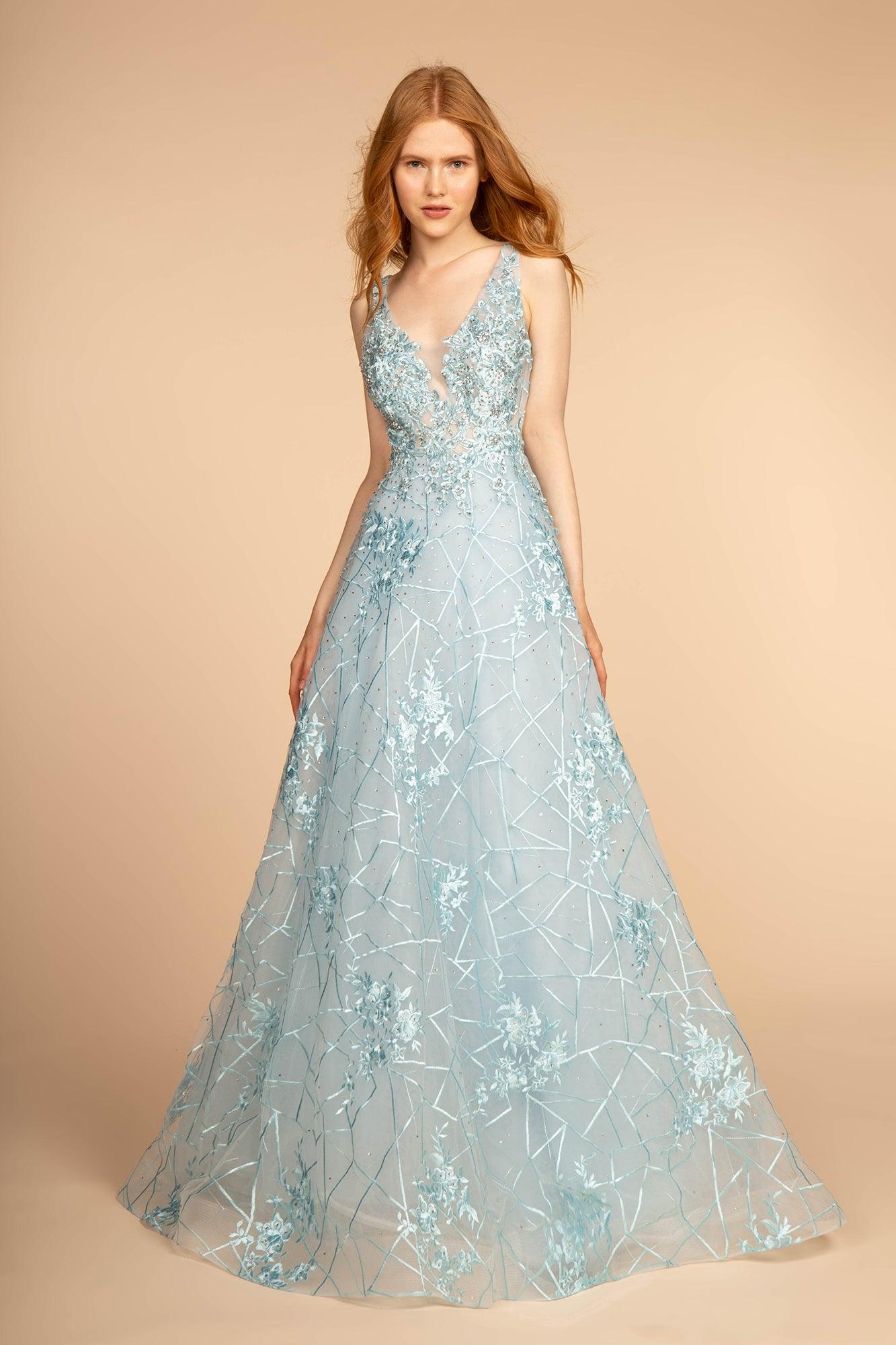 Mesh Illusion Embroidery Long Prom Dress - The Dress Outlet Elizabeth K