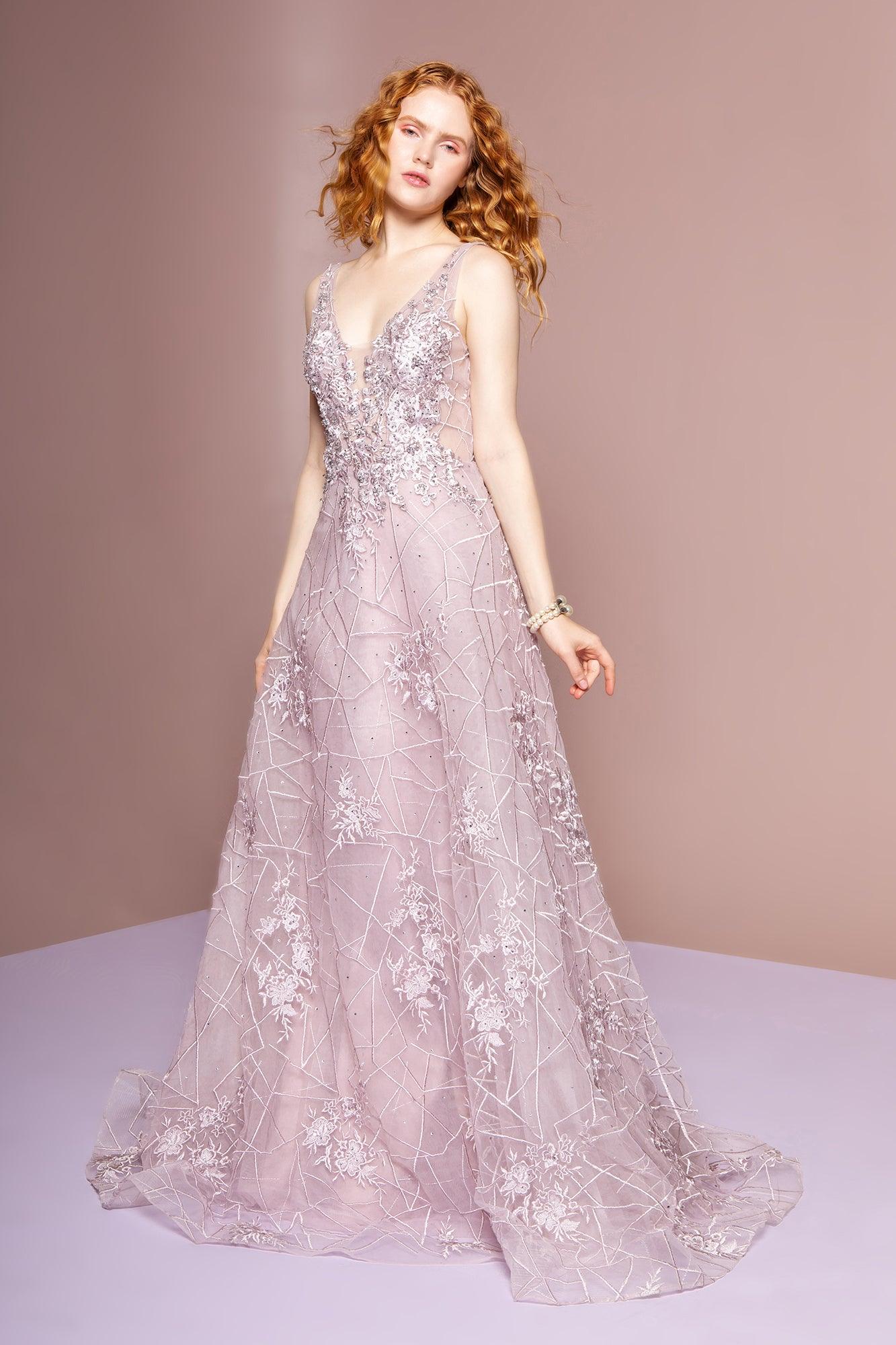 Mauve Mesh Illusion V Neck Embroidery Long Prom Dress for 388.99 The Dress Outlet