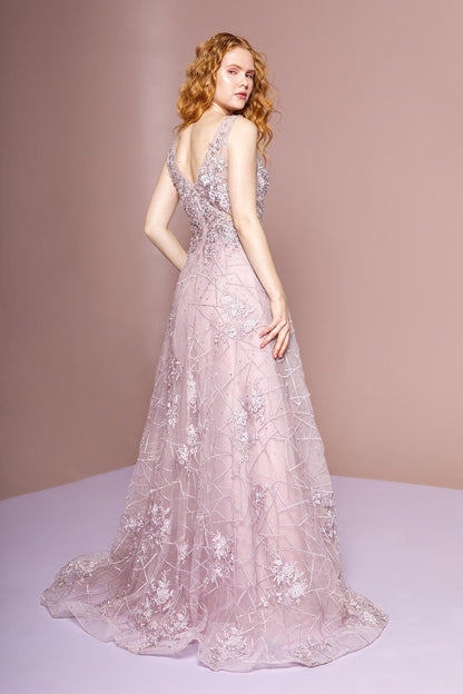 Mesh Illusion Embroidery Long Prom Dress - The Dress Outlet Elizabeth K