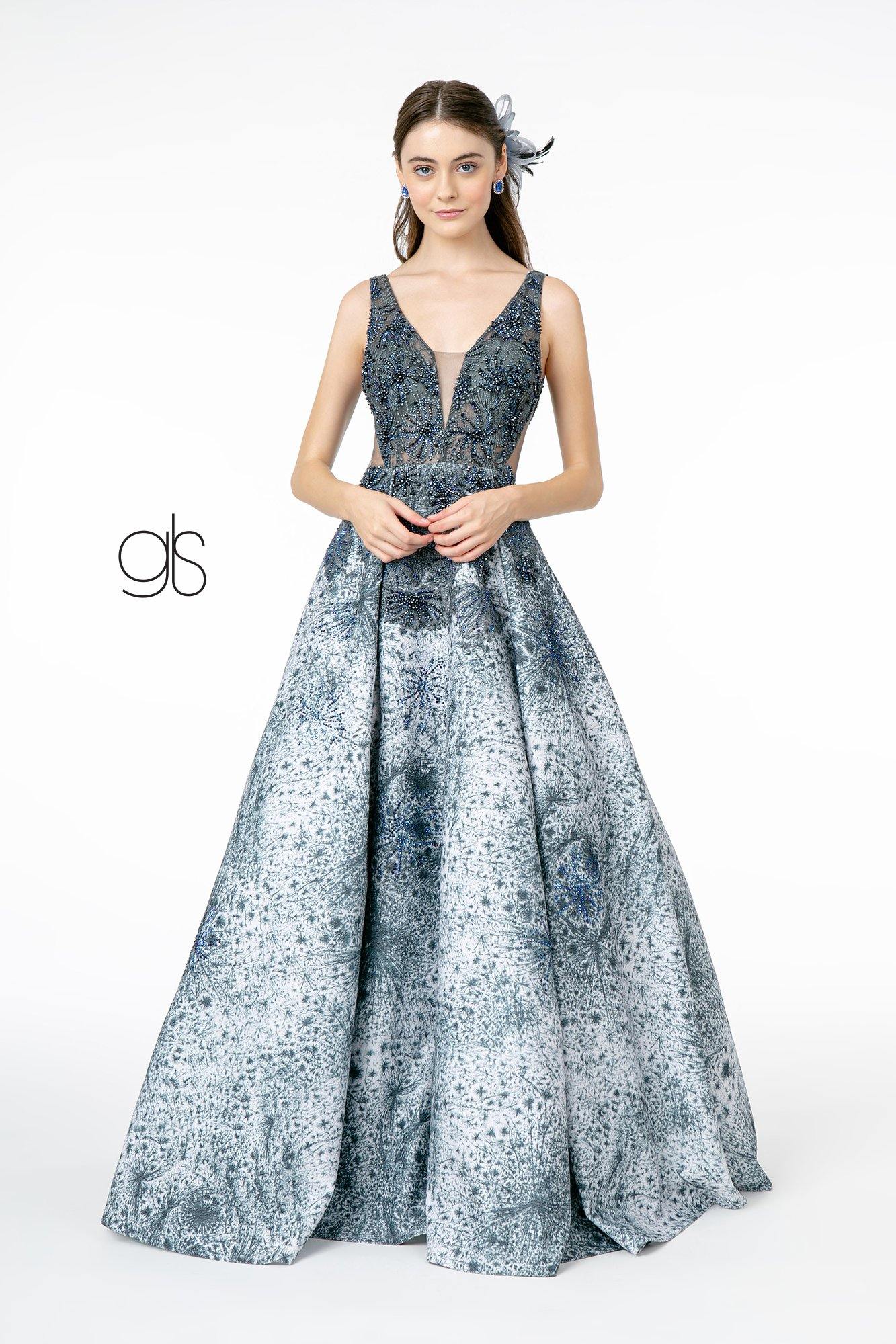 Mesh Layered Glitter Long Prom Dress