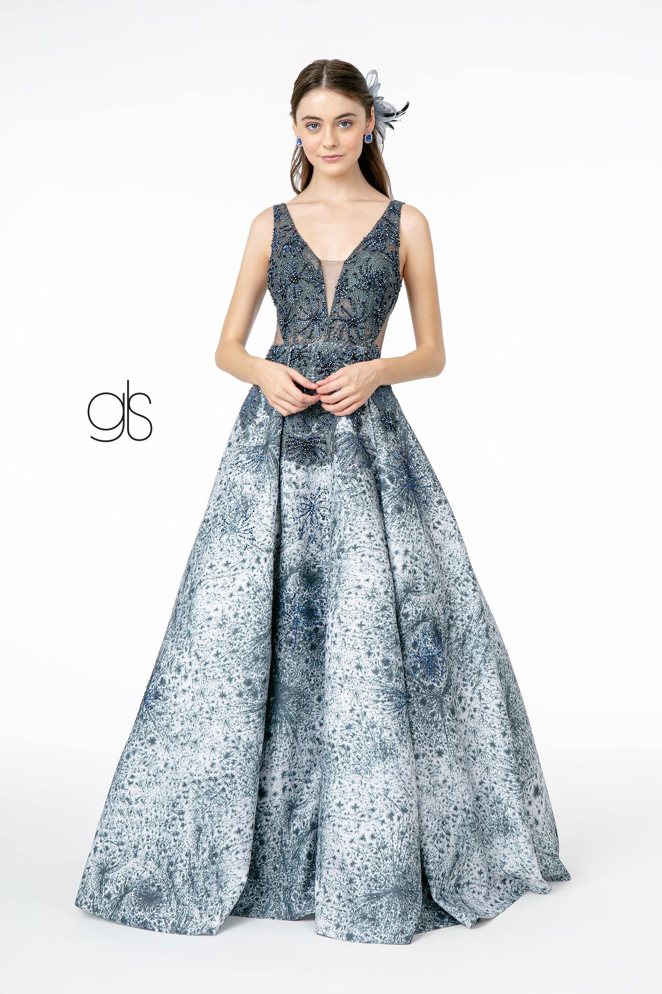 Mesh Layered Glitter Long Prom Dress - The Dress Outlet Elizabeth K