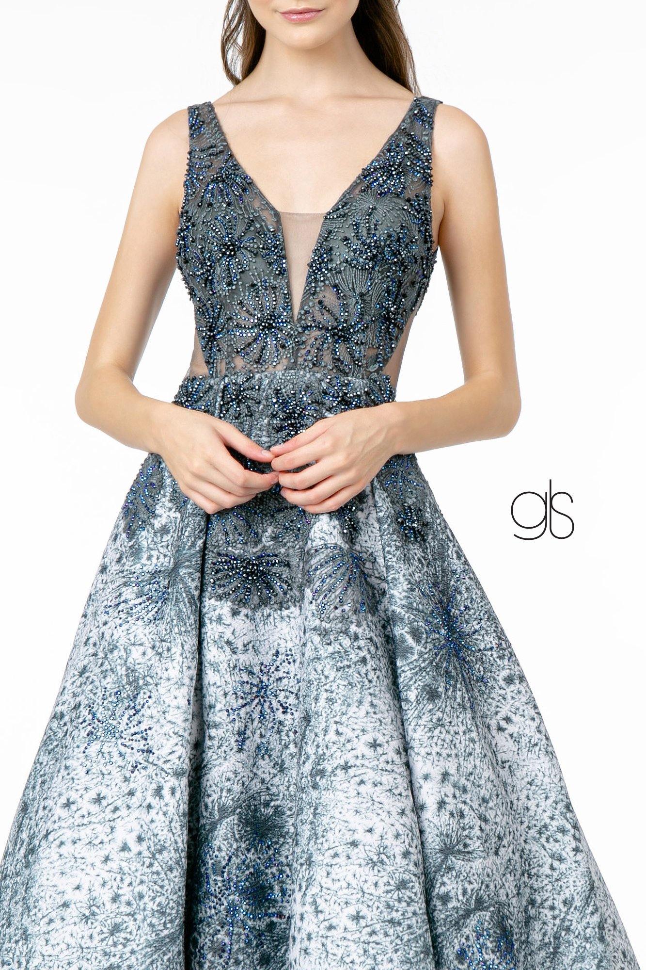 Mesh Layered Glitter Long Prom Dress - The Dress Outlet Elizabeth K