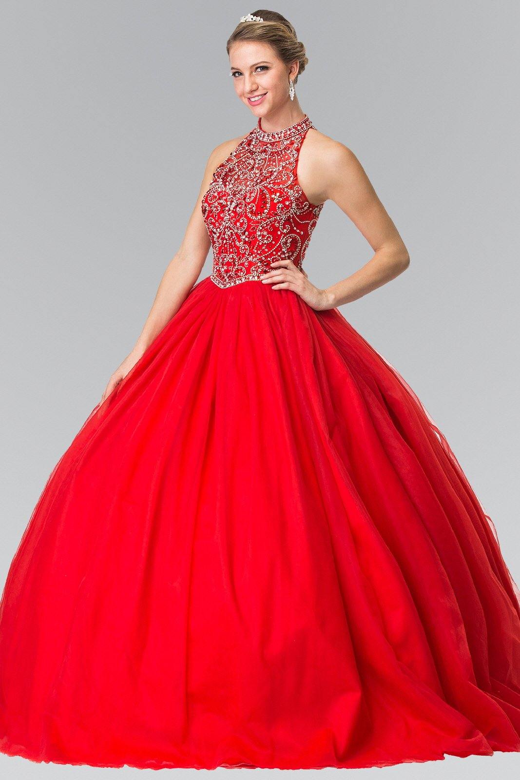 Mesh Long Quinceanera Dress with Beaded Bodice
