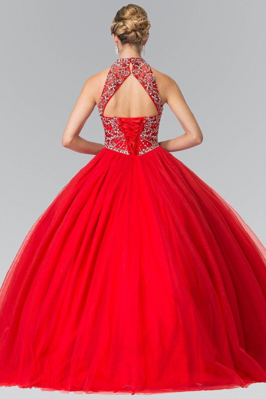 Mesh Long Quinceanera Dress with Beaded Bodice
