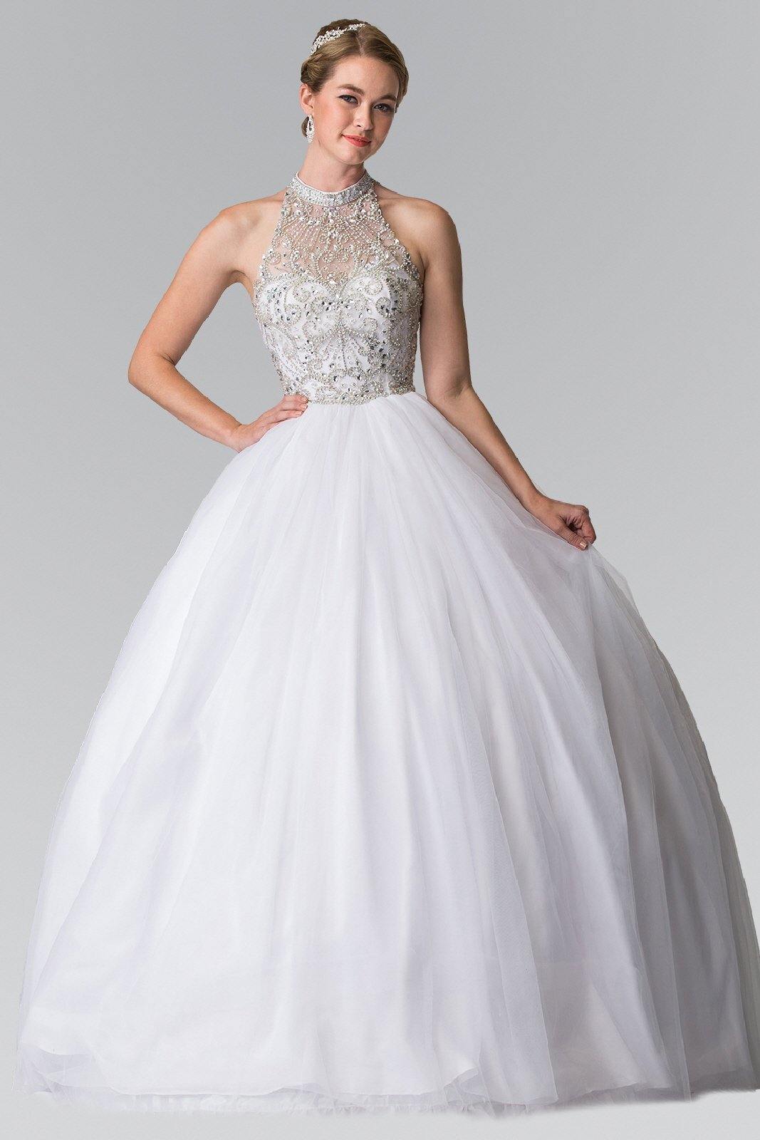 Mesh Long Quinceanera Dress with Beaded Bodice