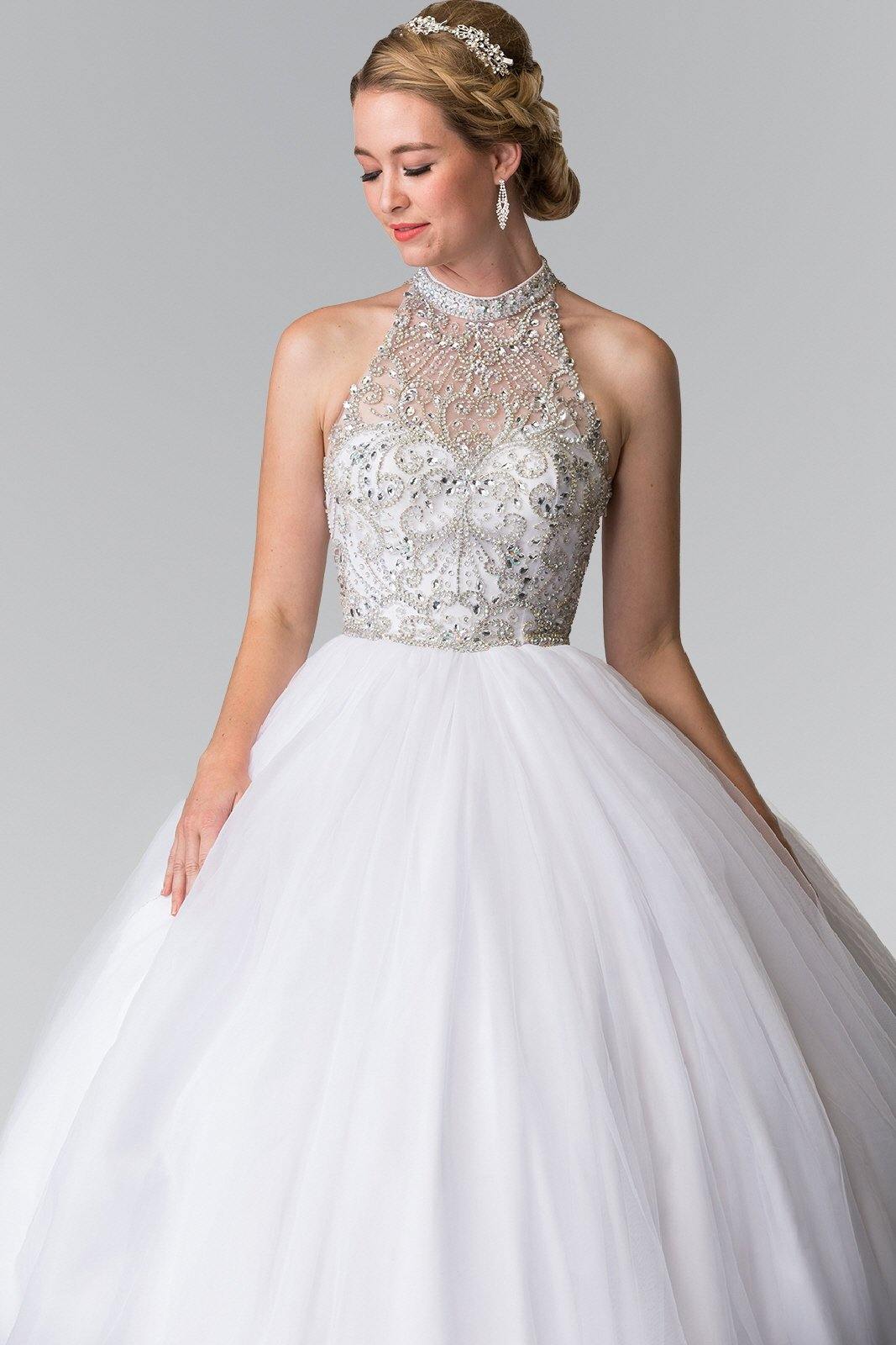 Mesh Long Quinceanera Dress with Beaded Bodice