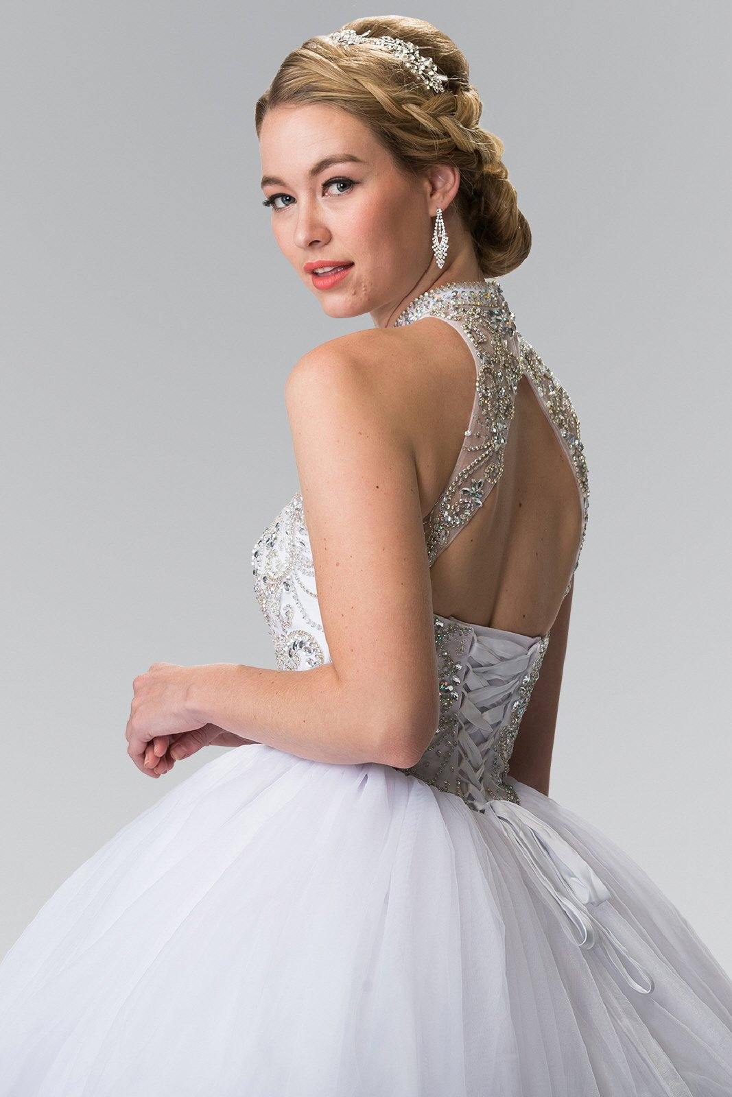 Mesh Long Quinceanera Dress with Beaded Bodice