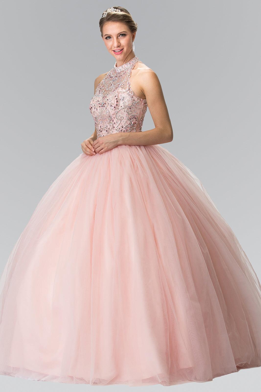 Mesh Long Quinceanera Dress with Beaded Bodice - The Dress Outlet