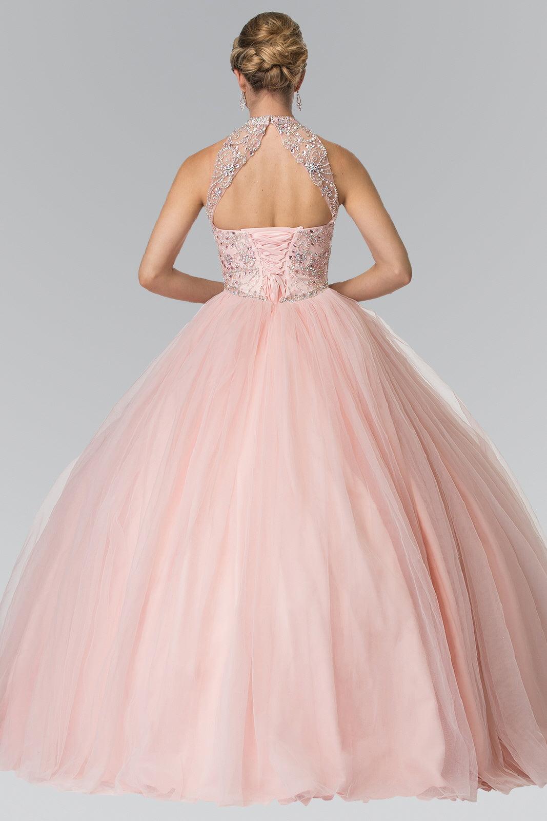 Mesh Long Quinceanera Dress with Beaded Bodice