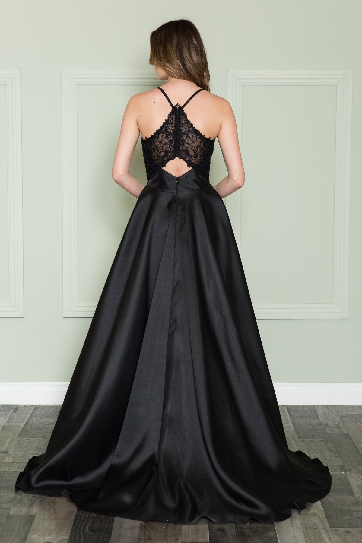 Black V-Neck Floor-Length Mikado Prom Gown with Lace Back Poly USA 8762