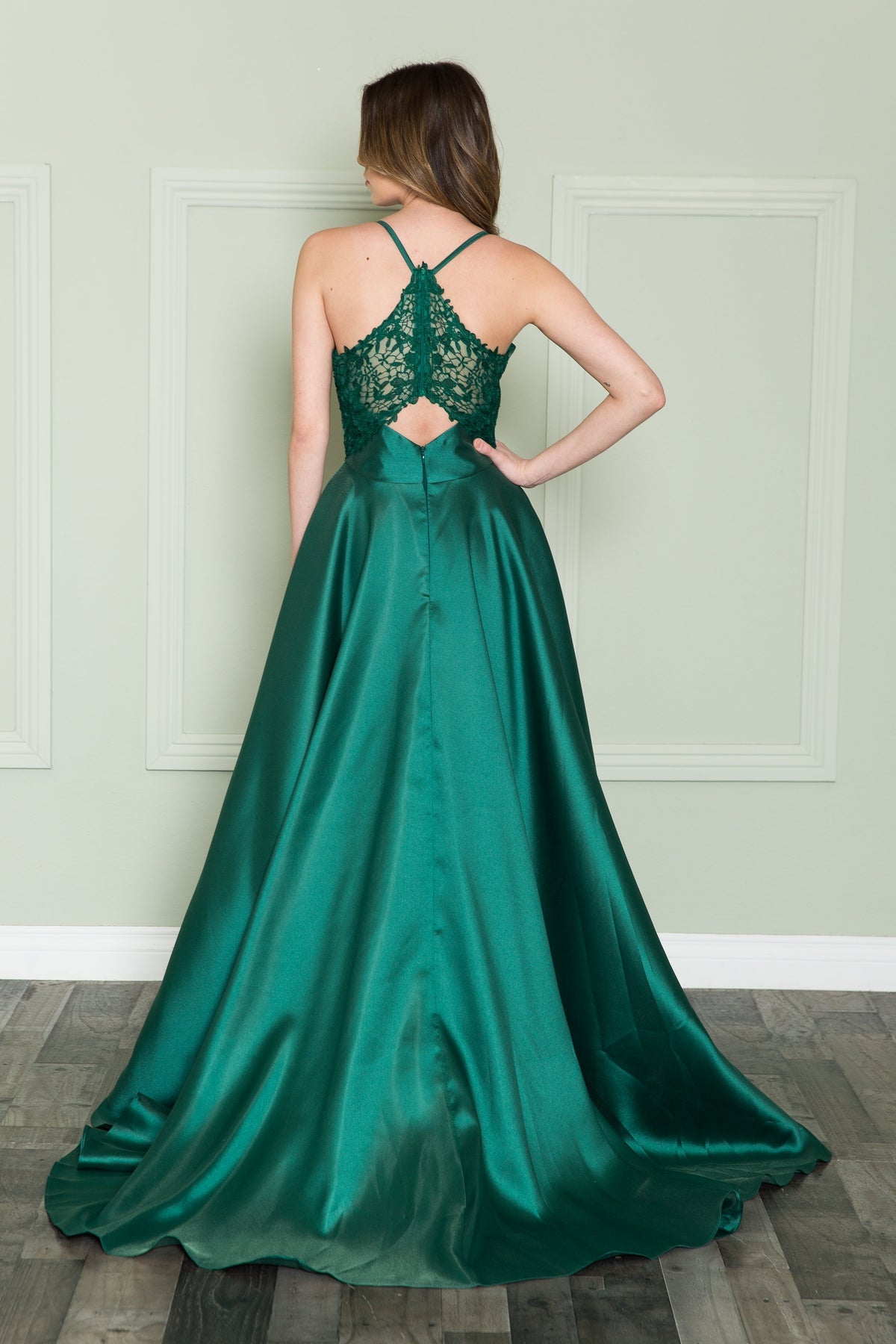 Emerald V-Neck Floor-Length Mikado Prom Gown with Lace Back Poly USA 8762