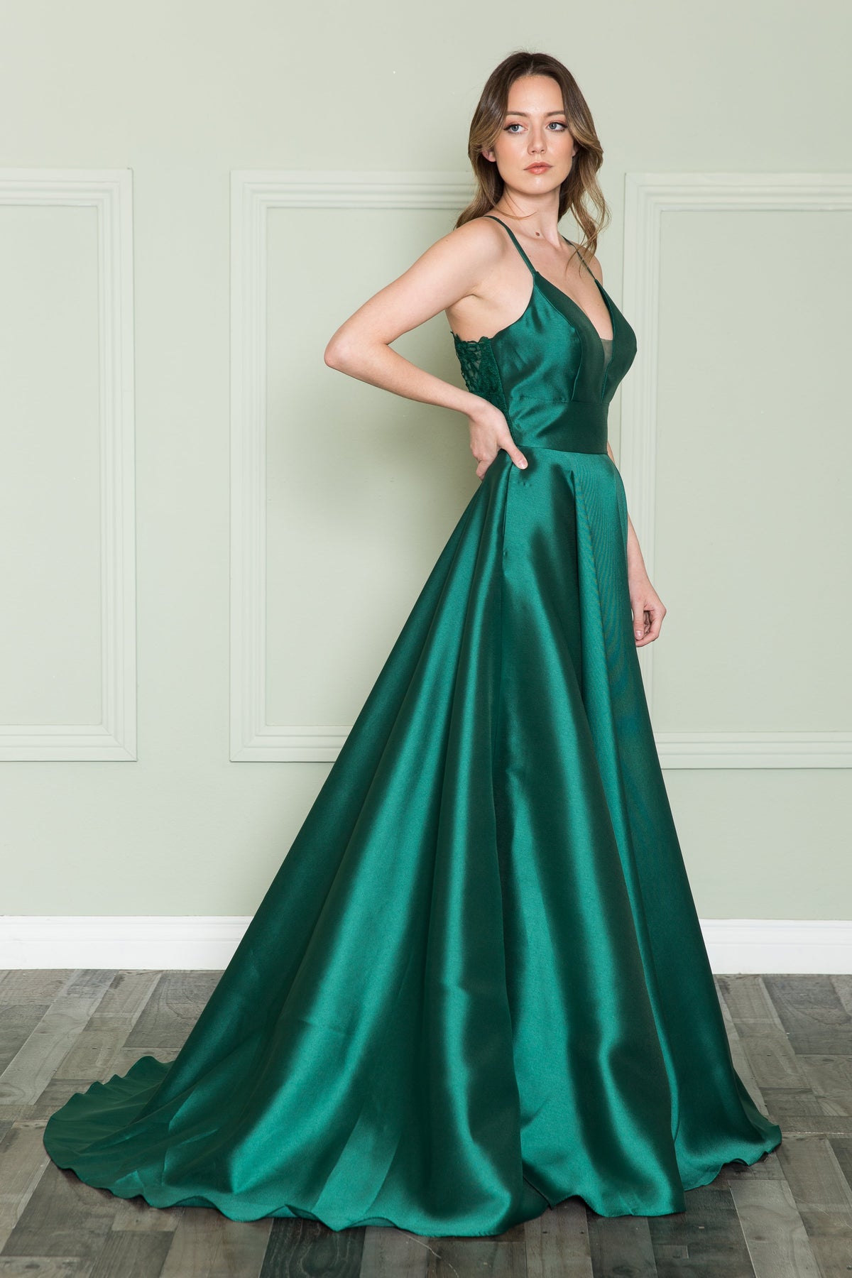 Emerald V-Neck Floor-Length Mikado Prom Gown with Lace Back Poly USA 8762