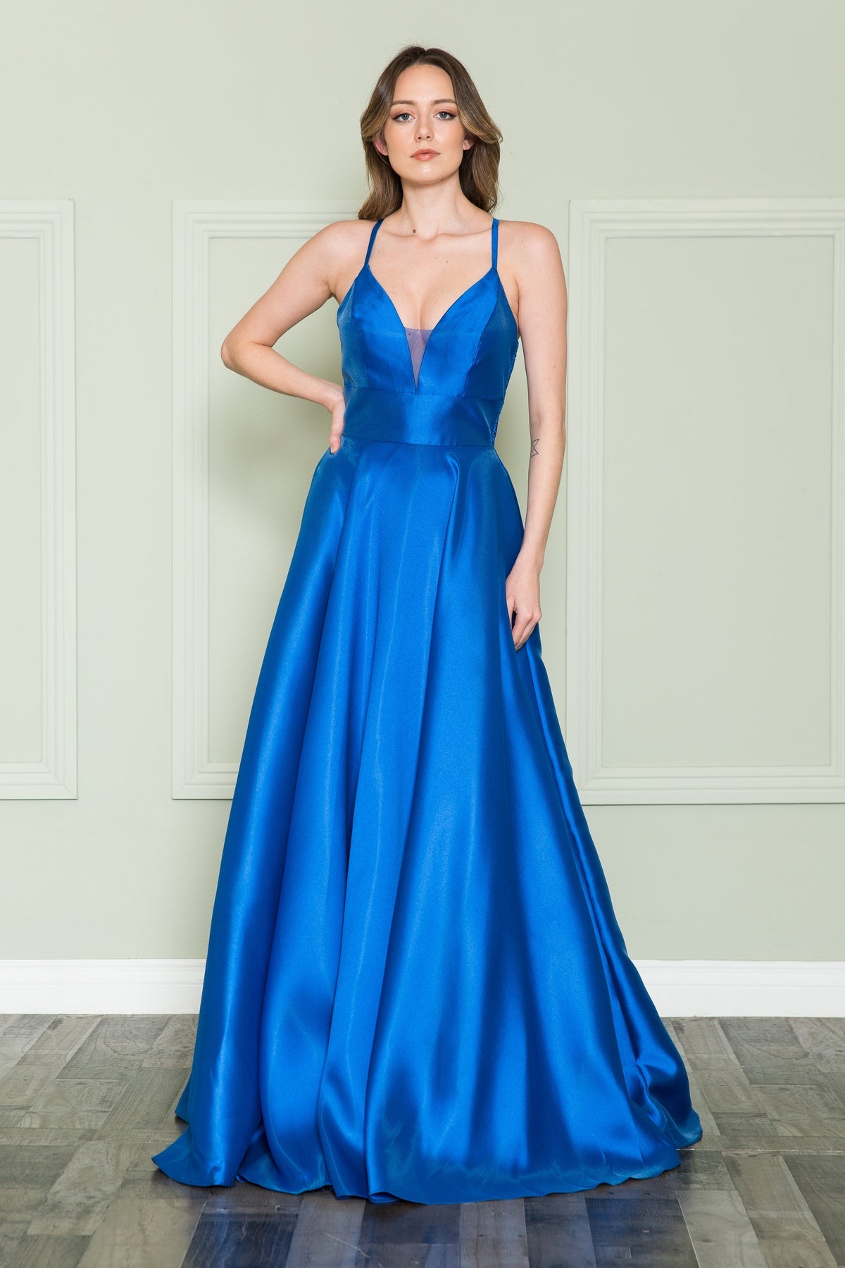 Royal V-Neck Floor-Length Mikado Prom Gown with Lace Back Poly USA 8762