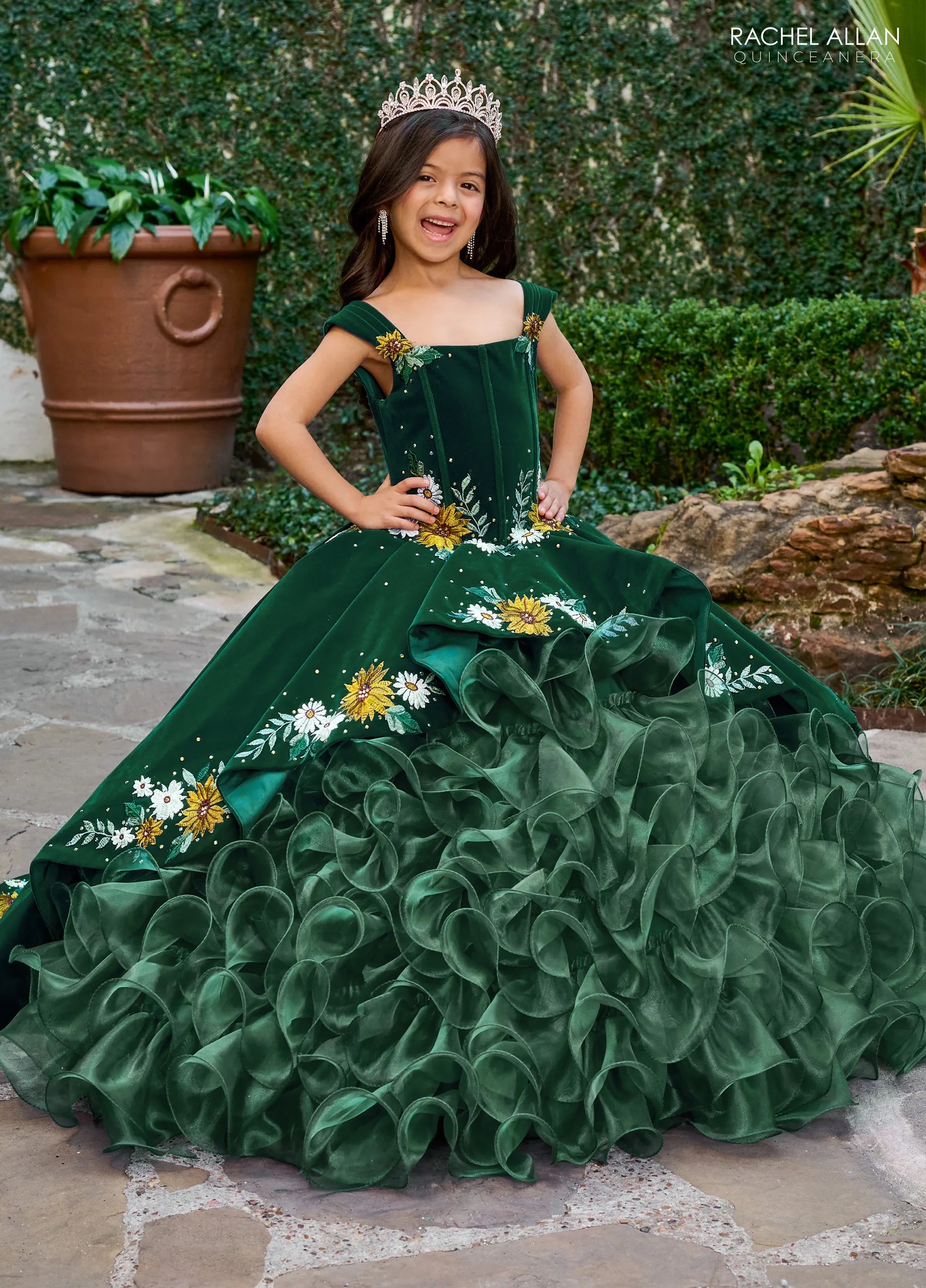 Emerald Multi Off the Shoulder Floor Length Velvet Organza Flower Girl Ball Gown with Ruffle Skirt Rachel Allan RQ4049