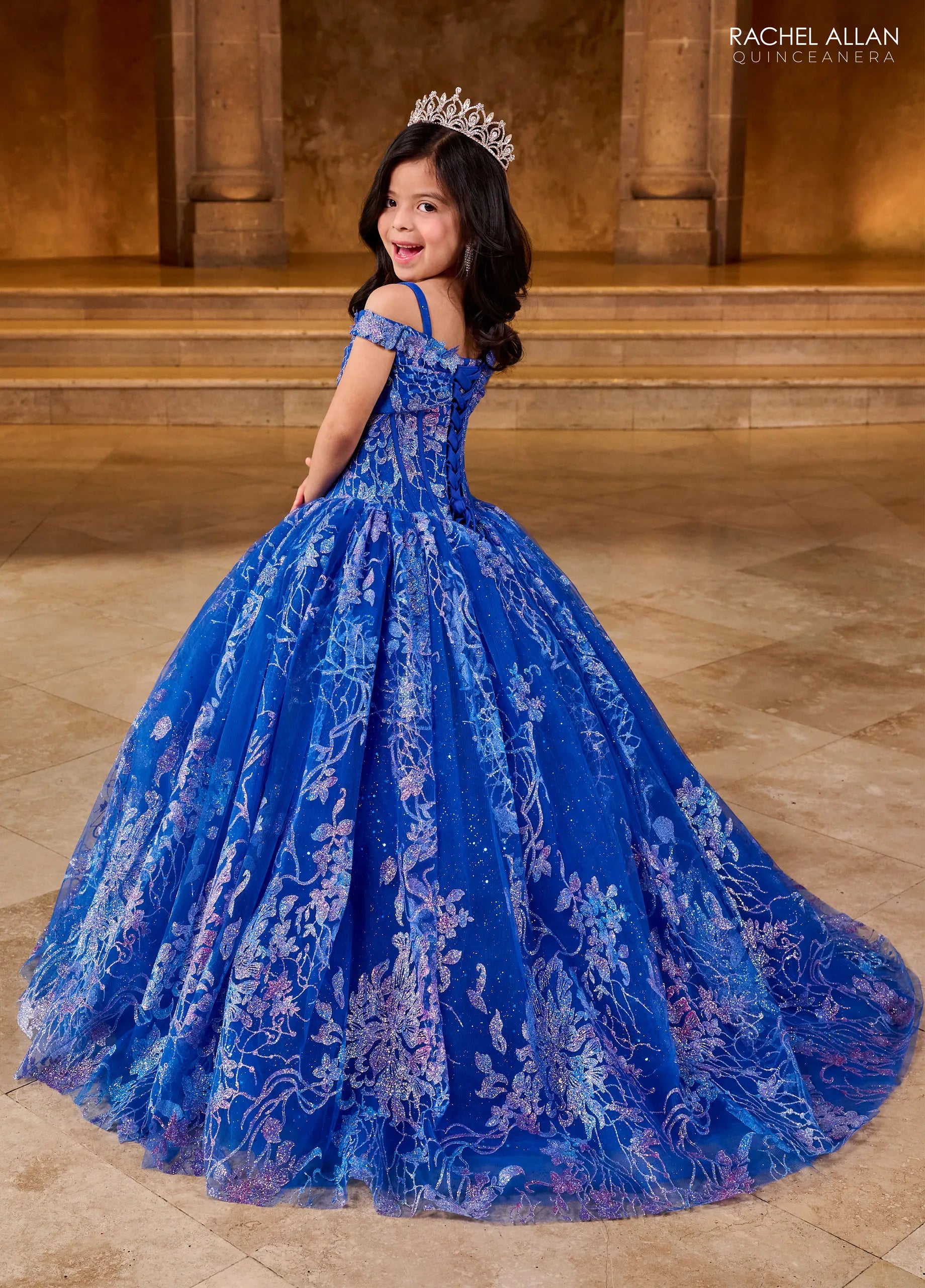 Royal Multi Off the Shoulder Floor Length Glitter Tulle Flower Girl Ball Gown with Floral Embroidery Rachel Allan RQ4046