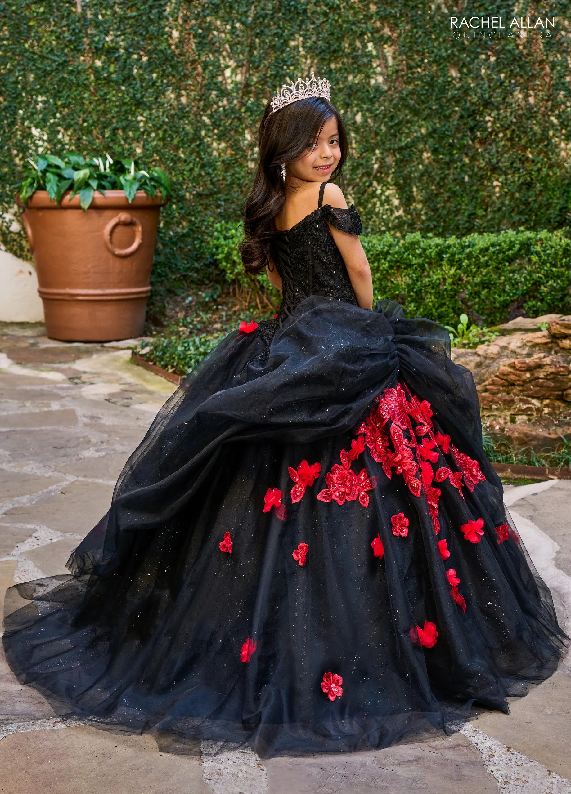 Black Red Off the Shoulder Floor Length Glitter Tulle Flower Girl Ball Gown with Floral Rachel Allan RQ4045