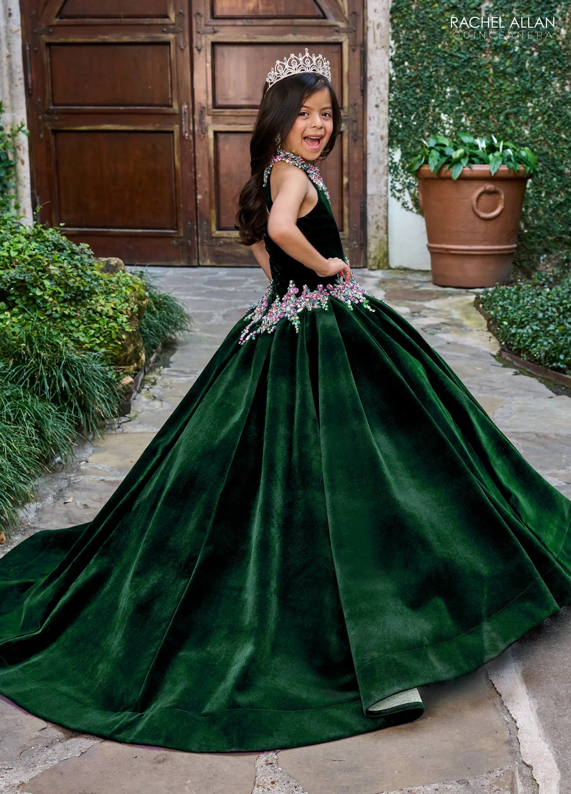 Emerald Multi Crew High Neck Floor Length Velvet Flower Girl Ball Gown with Beaded Floral Embellishments Rachel Allan RQ4048