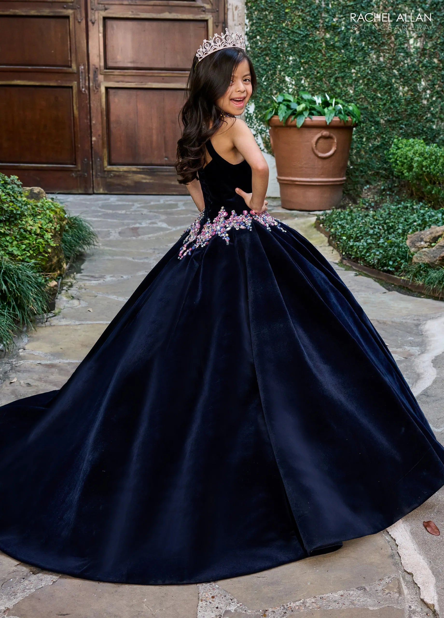 Navy Multi Crew High Neck Floor Length Velvet Flower Girl Ball Gown with Beaded Floral Embellishments Rachel Allan RQ4048