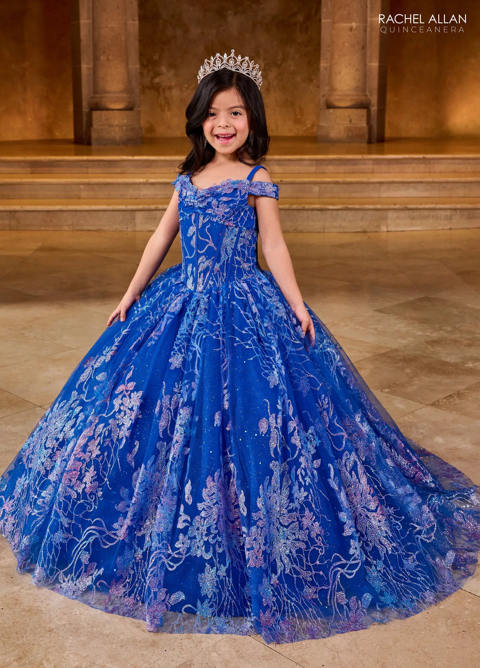Royal Multi Off the Shoulder Floor Length Glitter Tulle Flower Girl Ball Gown with Floral Embroidery Rachel Allan RQ4046